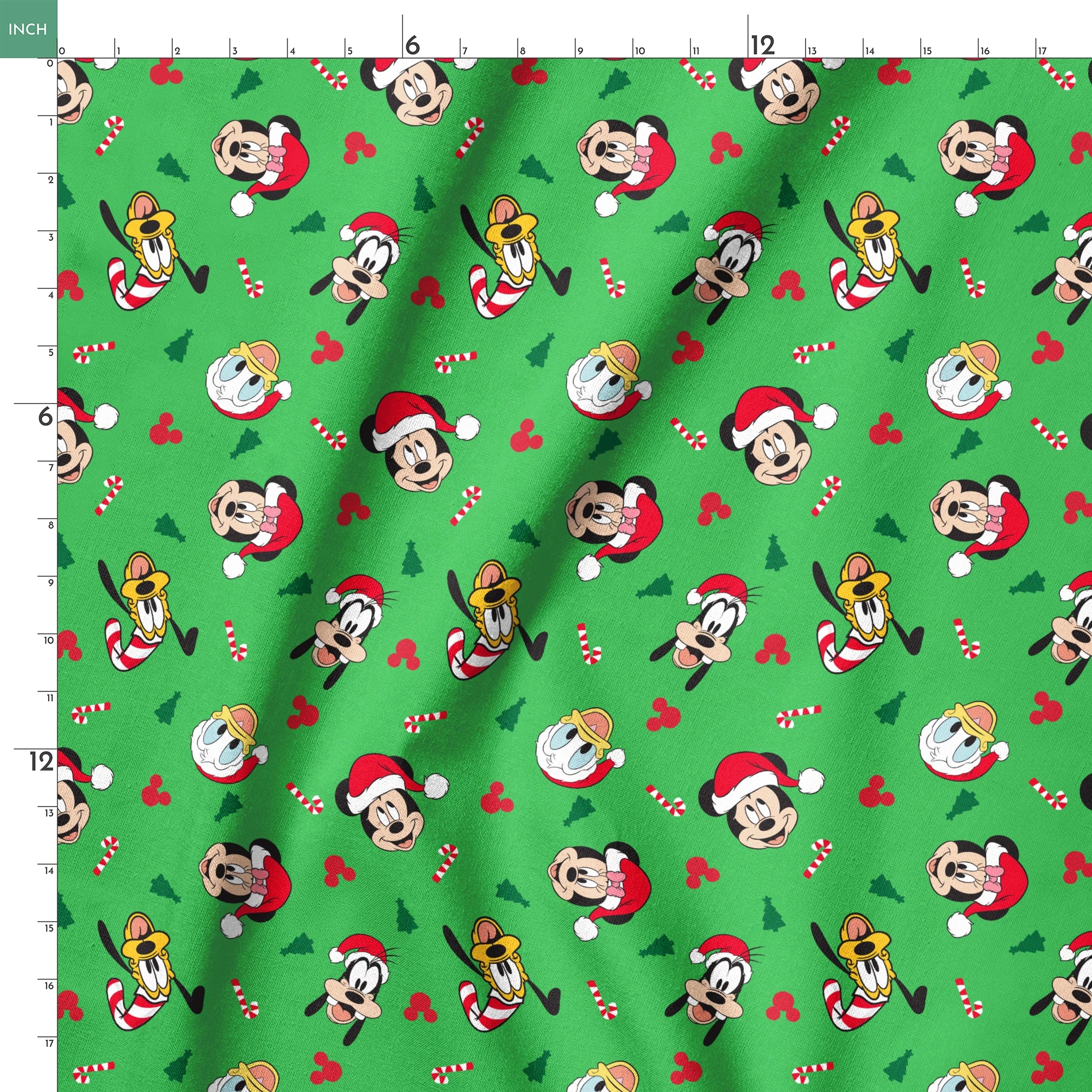 Disney Mickey Mouse characters in Santa hats on green background with candy canes and Christmas trees springs ruler 18x18