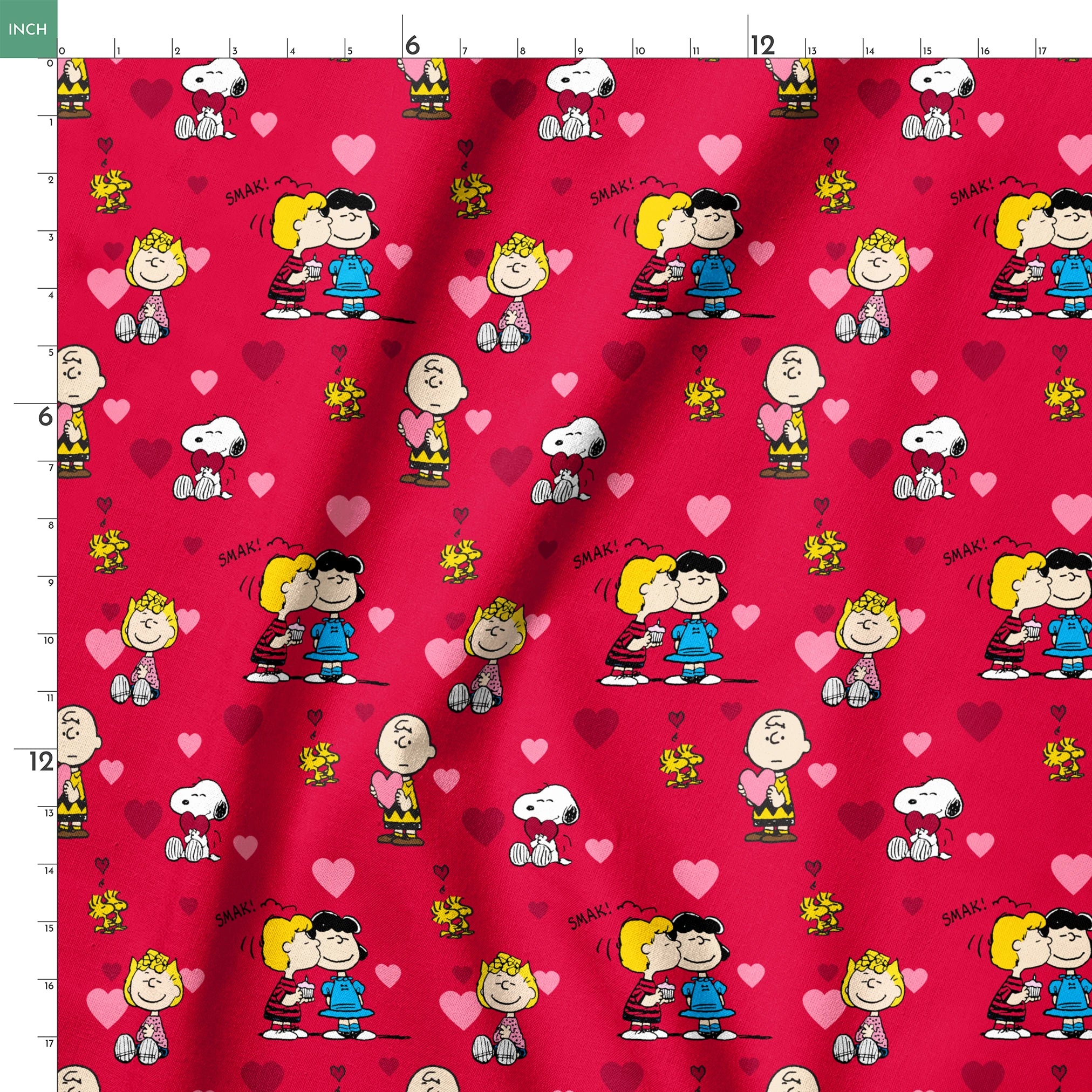 Peanuts characters on red background with hearts; Snoopy, Woodstock, and others in Valentine's theme springs ruler 18x18