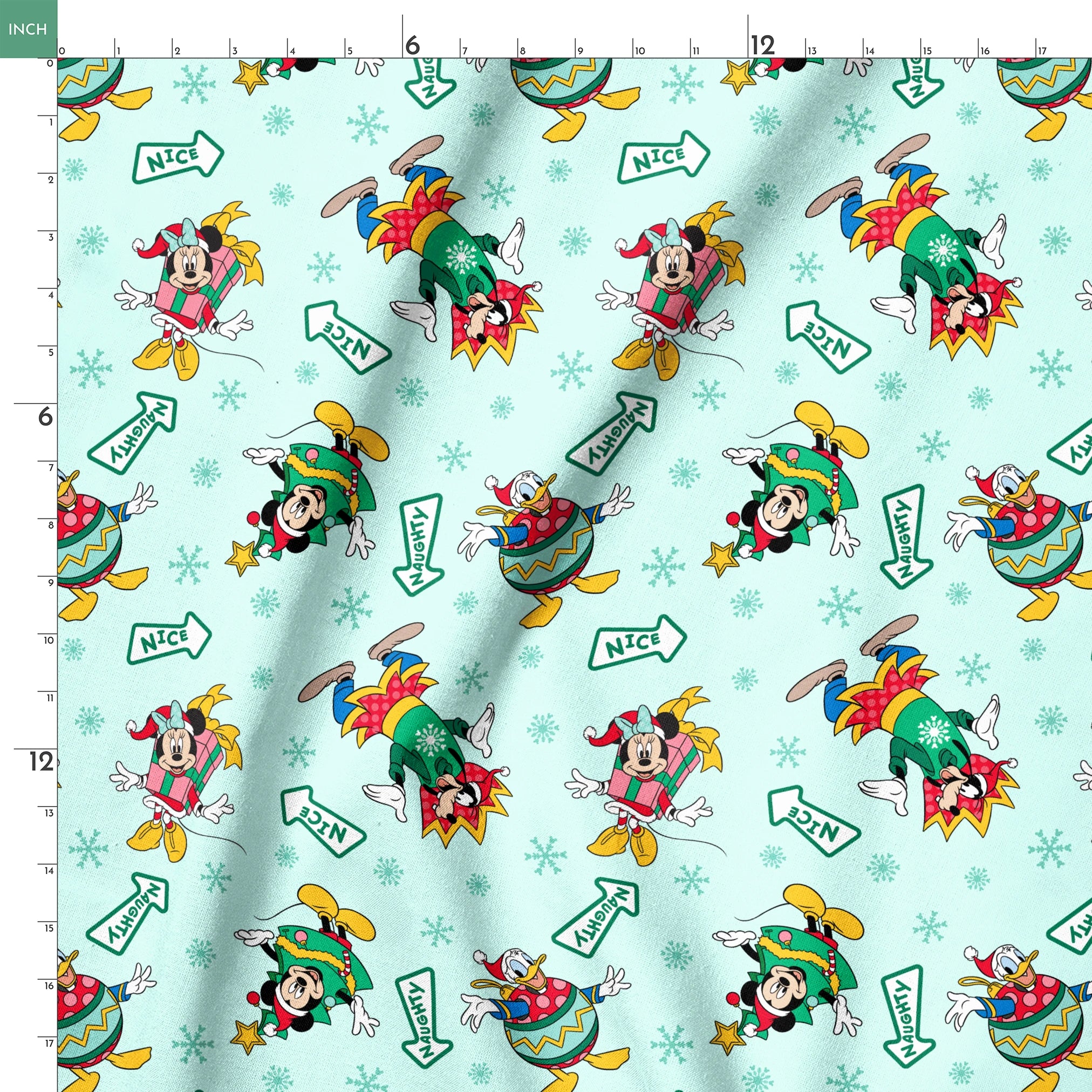 Disney character pattern with Minnie and Mickey in festive holiday outfits on light blue background with snowflakes and "Nice" signs. springs ruler 18x18