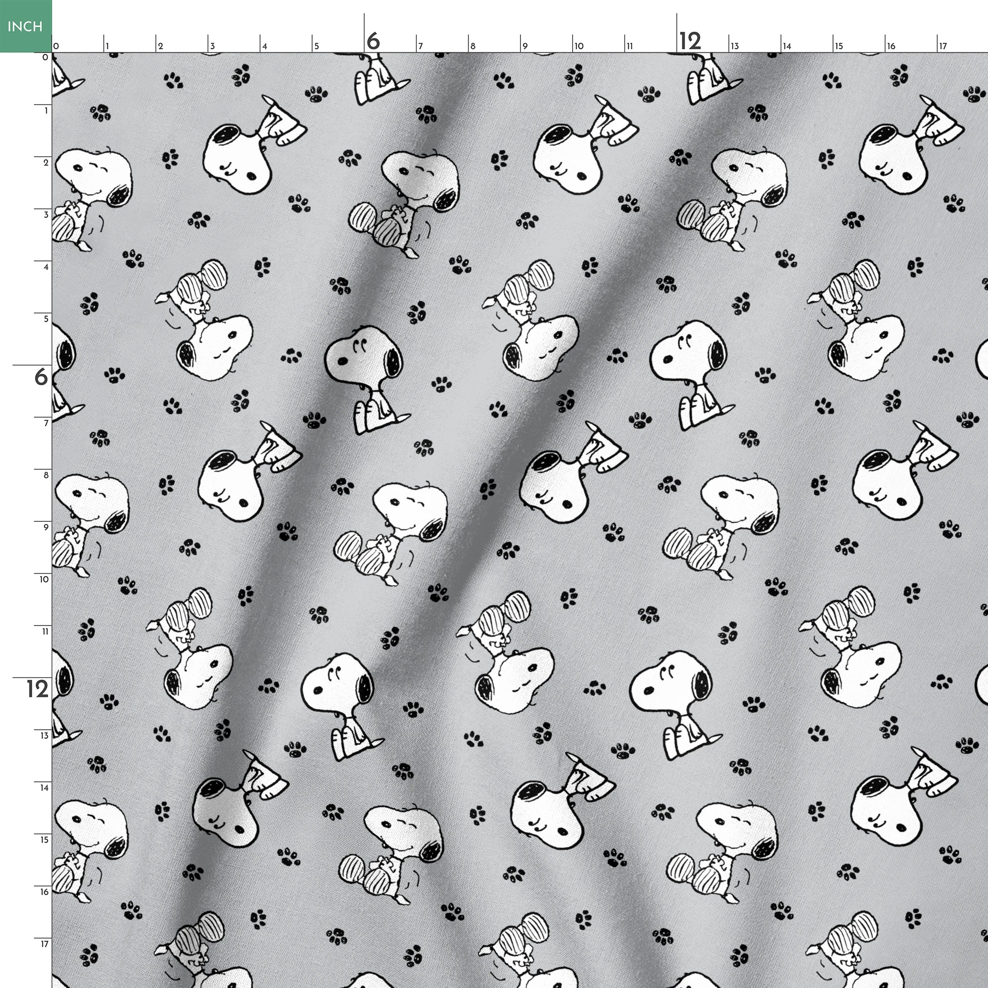 Snoopy with black ears on gray background with paw prints, in various poses springs ruler 18x18