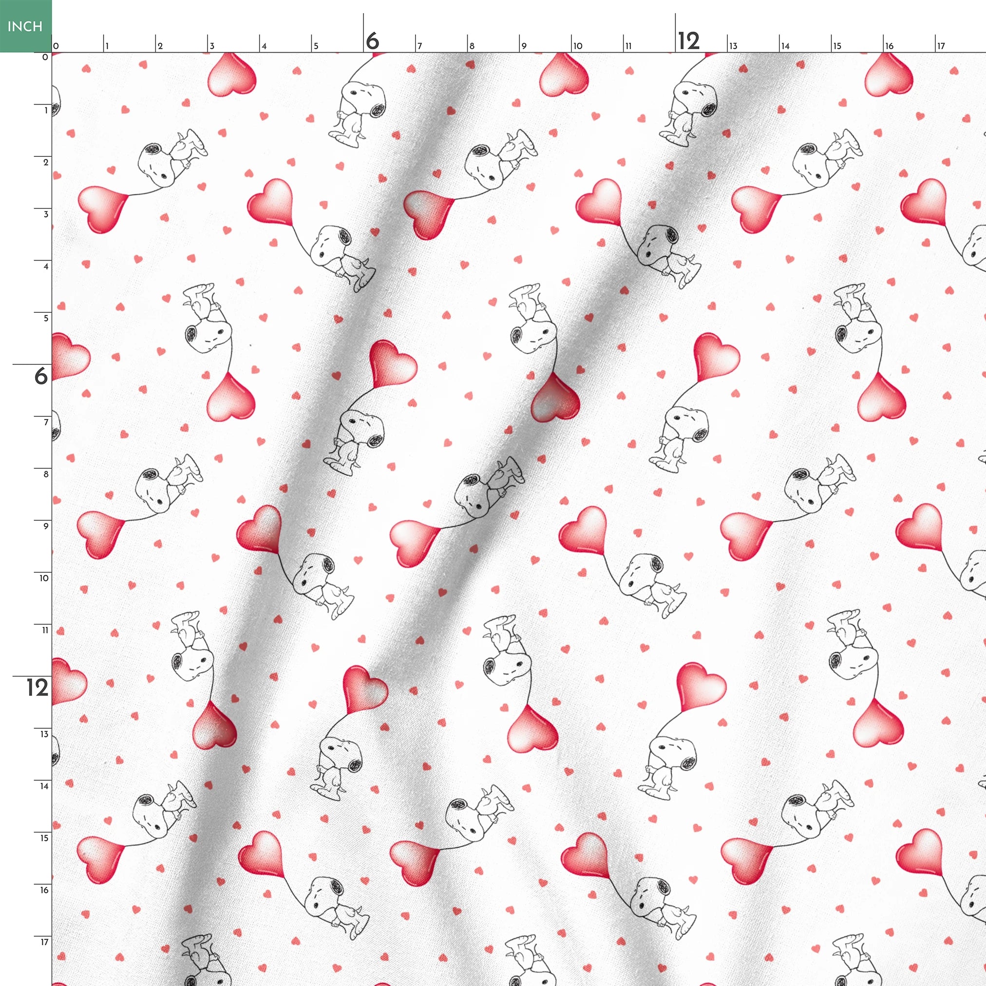 Cute Snoopy holding heart-shaped balloons with small hearts scattered on white background springs ruler 18x18
