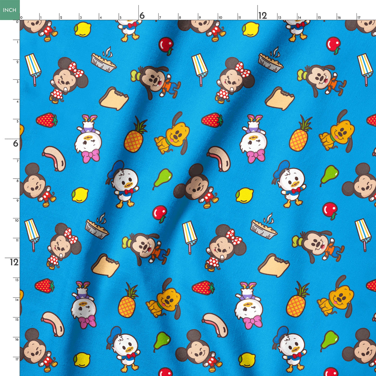 Mickey, friends, and food items pattern on blue background, featuring Mickey, Minnie, Donald, and fruit icons springs ruler 18x18