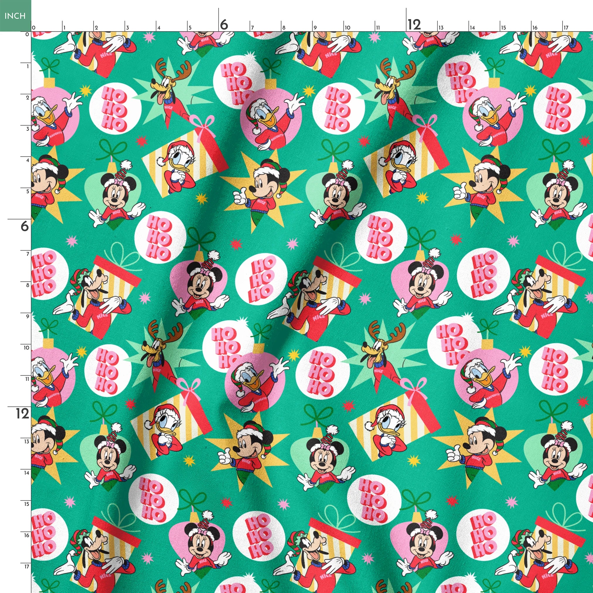 Festive Disney characters on green holiday pattern with "Ho Ho Ho" text and Christmas ornaments springs ruler 18x18