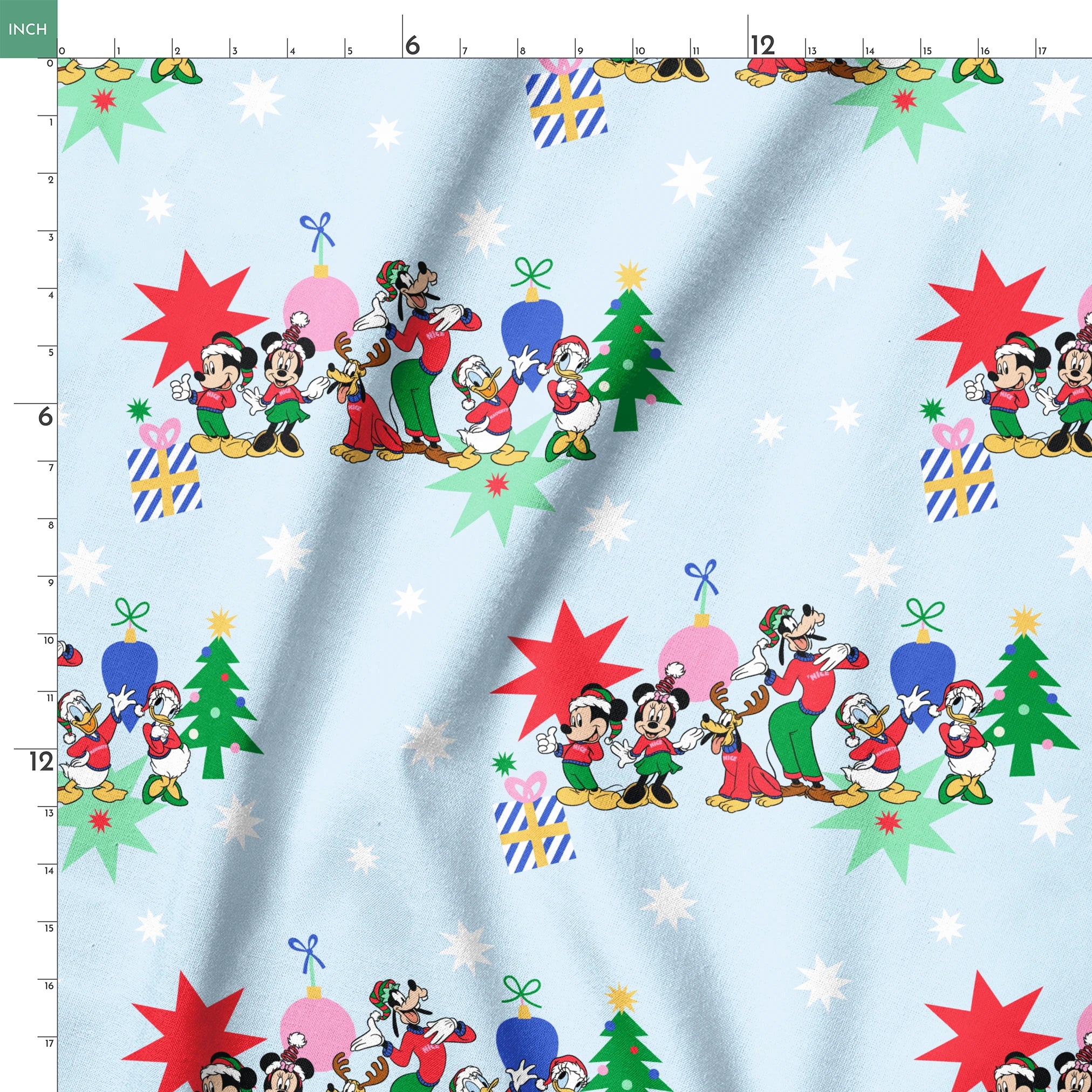 Cartoon Disney characters in festive poses with Christmas trees, ornaments, and stars on light blue snowy background springs ruler 18x18