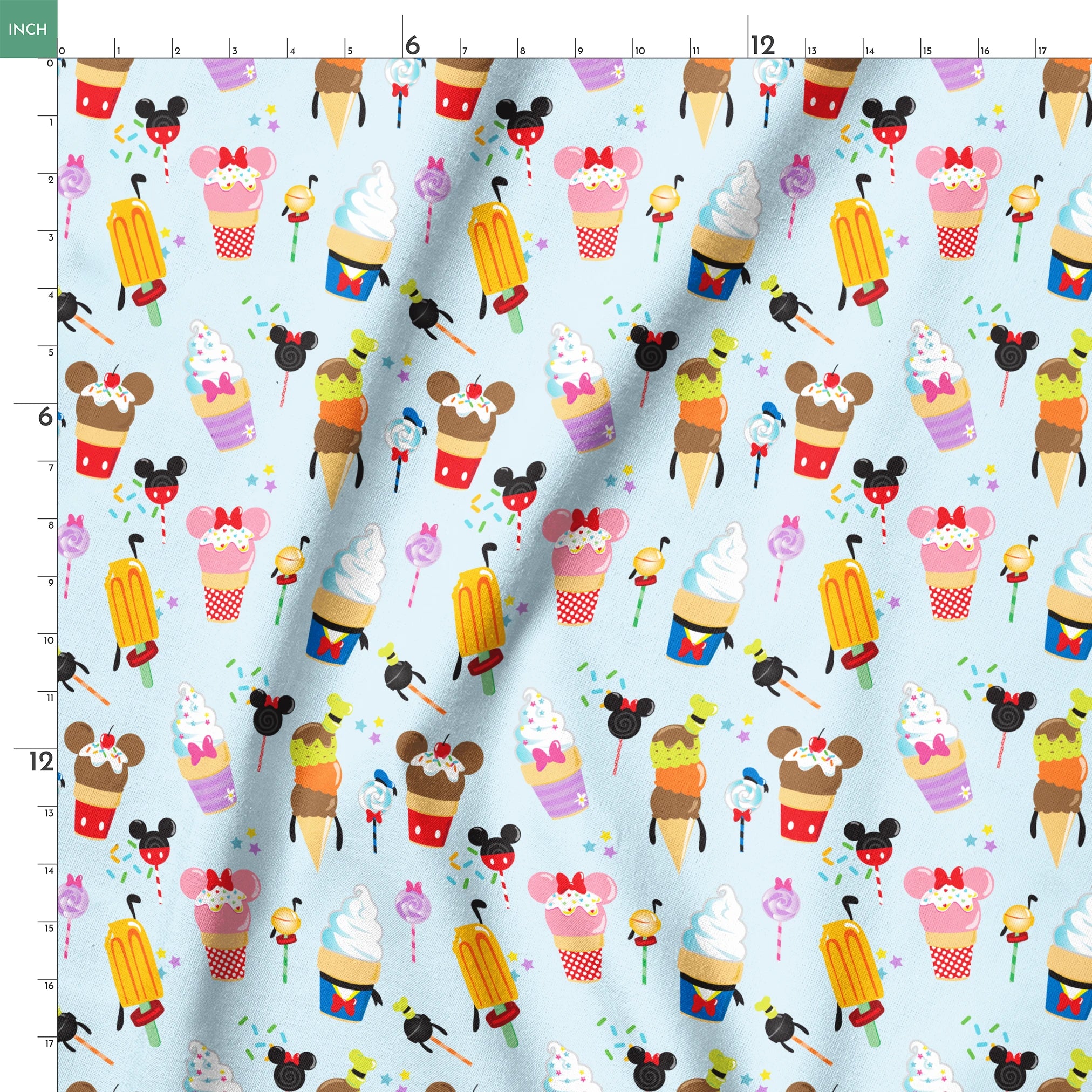 Disney-themed ice cream and sweet treats pattern with Mickey and Minnie icons on light blue background springs ruler 18x18
