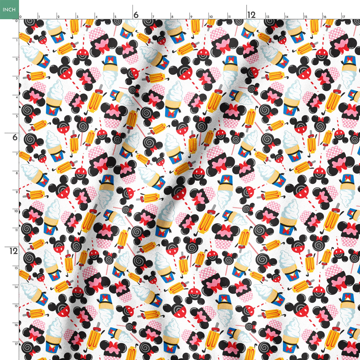 Disney-inspired pattern with ice cream cones and colorful swirled decorative elements on white background springs ruler 18x18