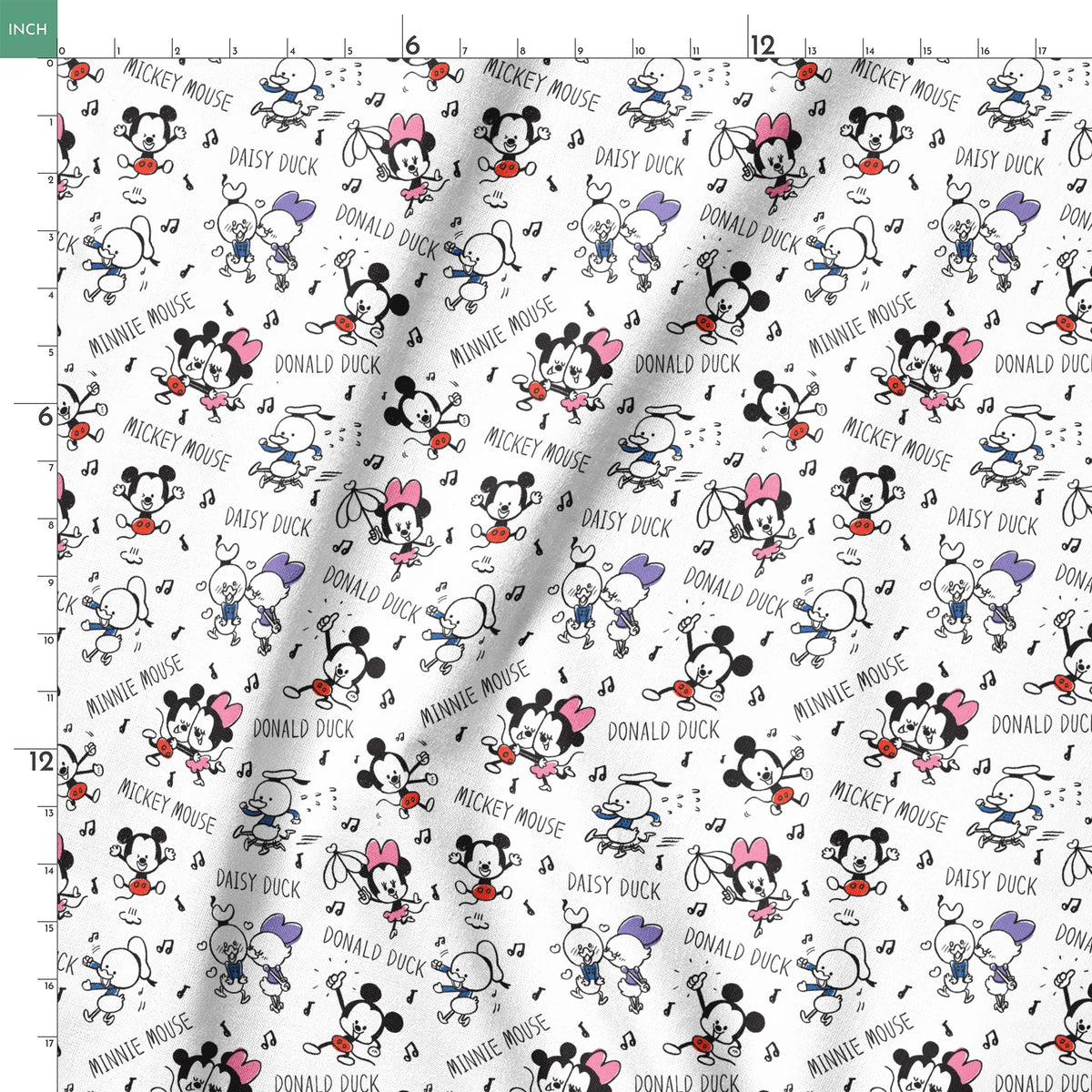 Classic Disney cartoon characters pattern with Mickey, Minnie, Donald, and Daisy with musical notes on white background. springs ruler 18x18
