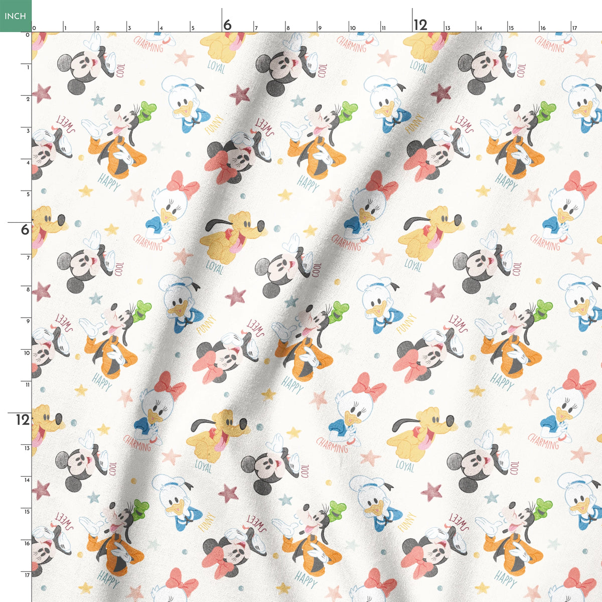 Colorful Disney character pattern with Mickey, Minnie, Donald, Pluto and stars on white background springs ruler 18x18