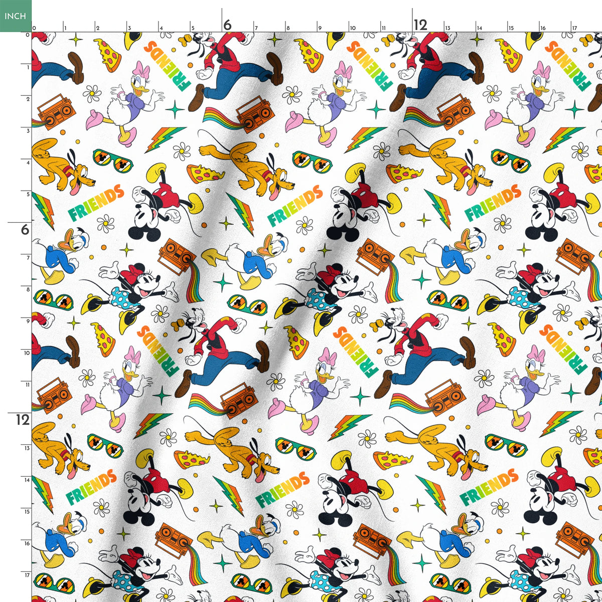 Cartoon pattern featuring classic Disney characters with radios, rainbows, sunglasses and "FRIENDS" text on white background. springs ruler 18x18