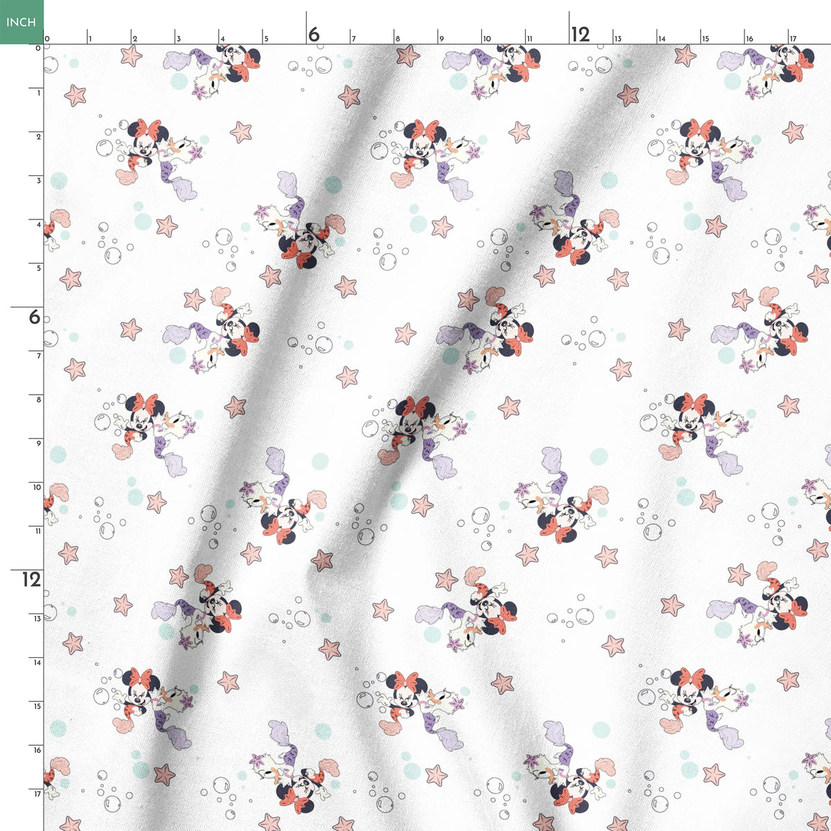 Minnie Mouse pattern with pastel stars and bubbles on white background, playful cartoon style springs ruler 18x18