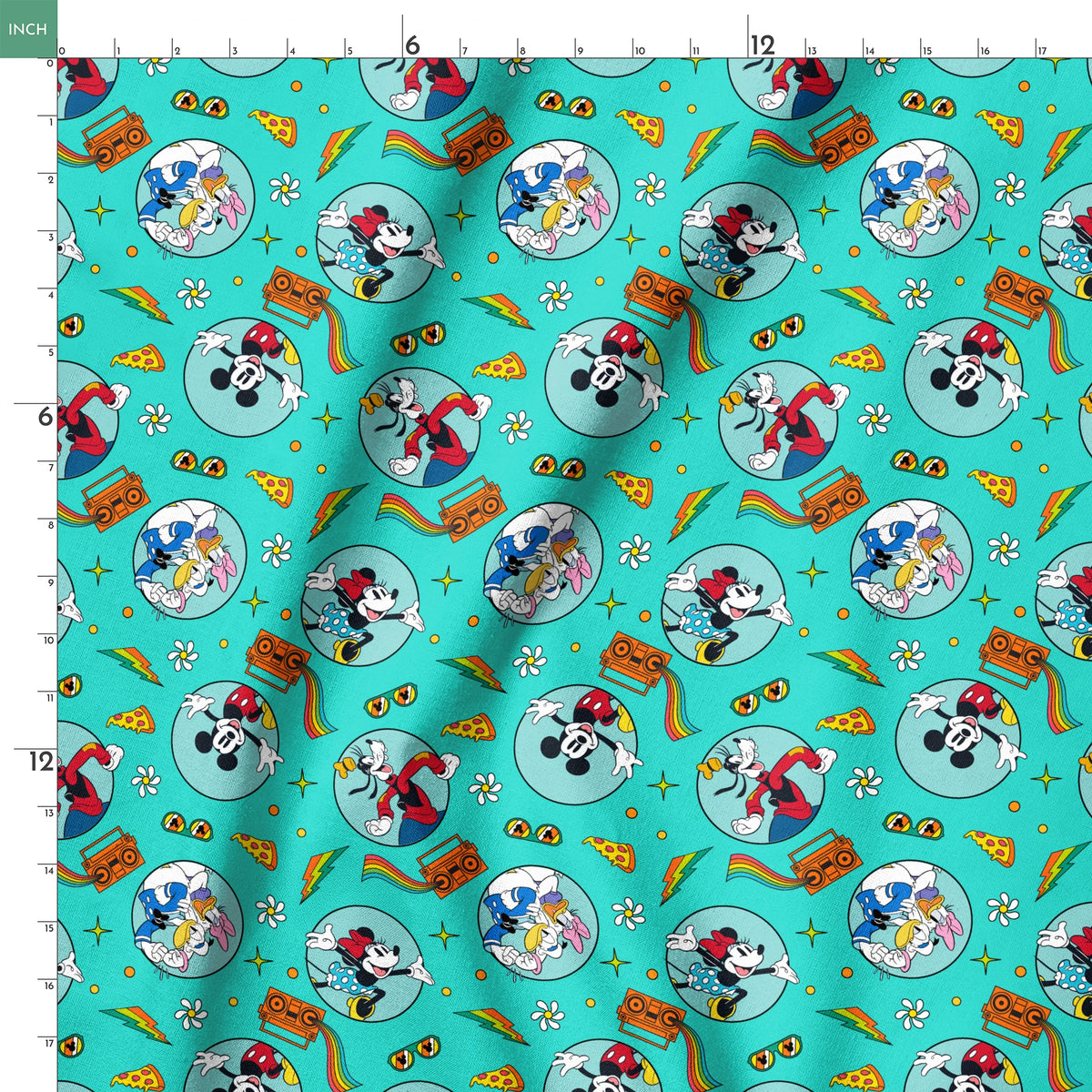 Colorful Mickey Mouse and friends pattern with pizza, boomboxes, sunglasses on teal background springs ruler 18x18