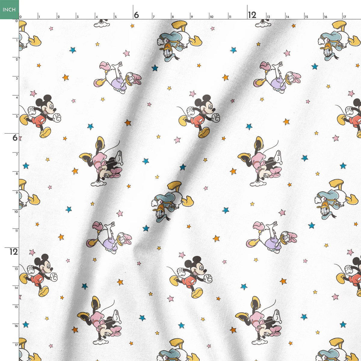 Disney characters pattern with Mickey Mouse and unicorns on white background with colorful stars springs ruler 18x18