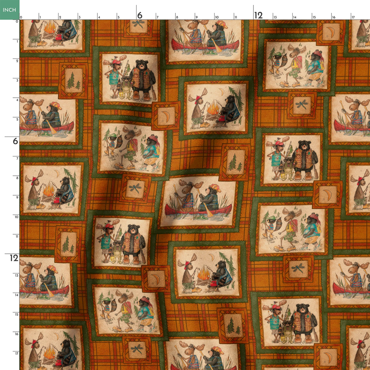 Vintage-style patchwork pattern with framed scenes of people and animals on orange plaid background springs ruler 18x18