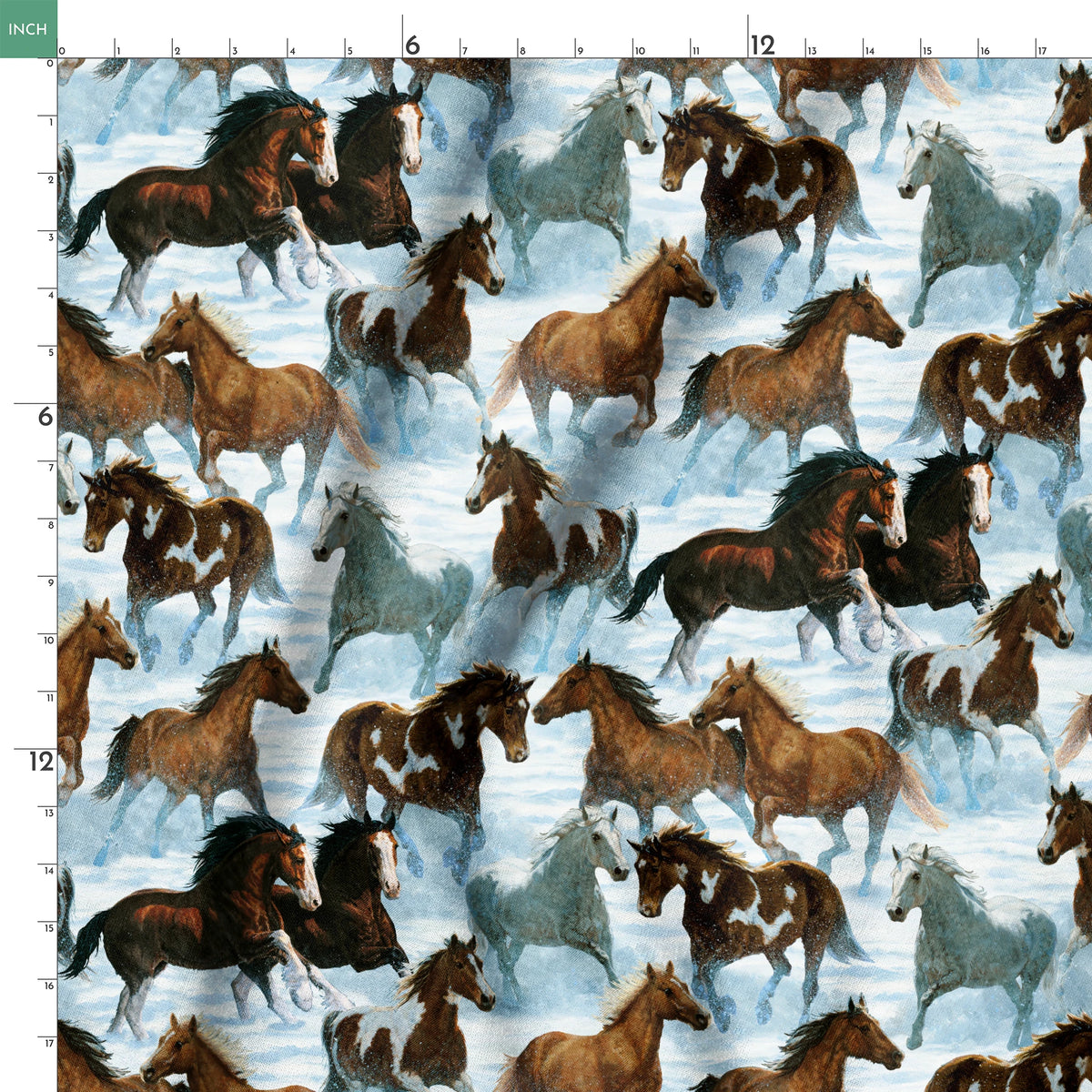 Wild horses running through snowy landscape in various brown, black and gray colors springs ruler 18x18