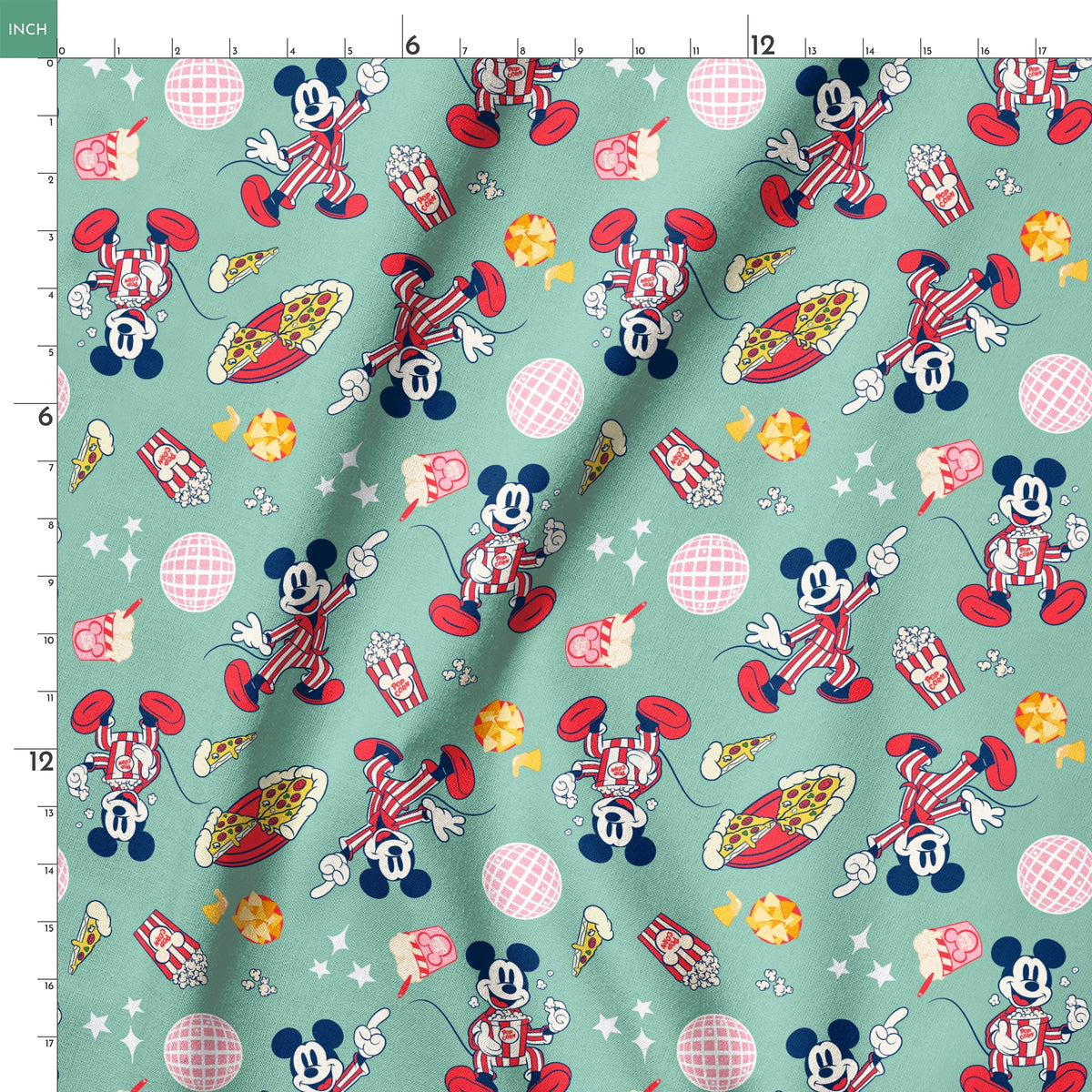 Mickey Mouse in red striped outfits with disco balls, pizza, popcorn, and snacks on mint green background. springs ruler 18x18