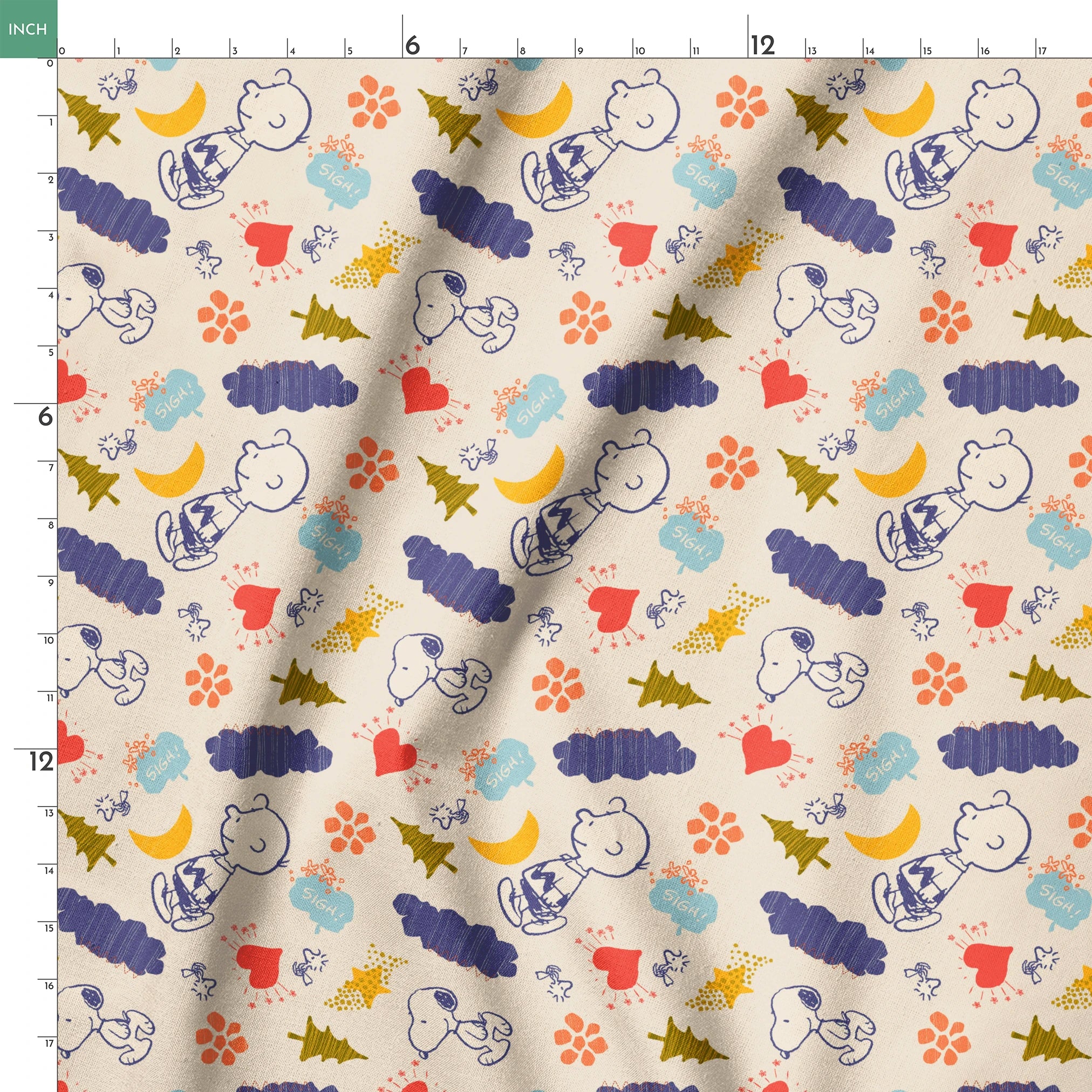 Whimsical Peanuts pattern with trees, clouds, moon, and birds in blue, red, green, and yellow on cream background. springs ruler 18x18