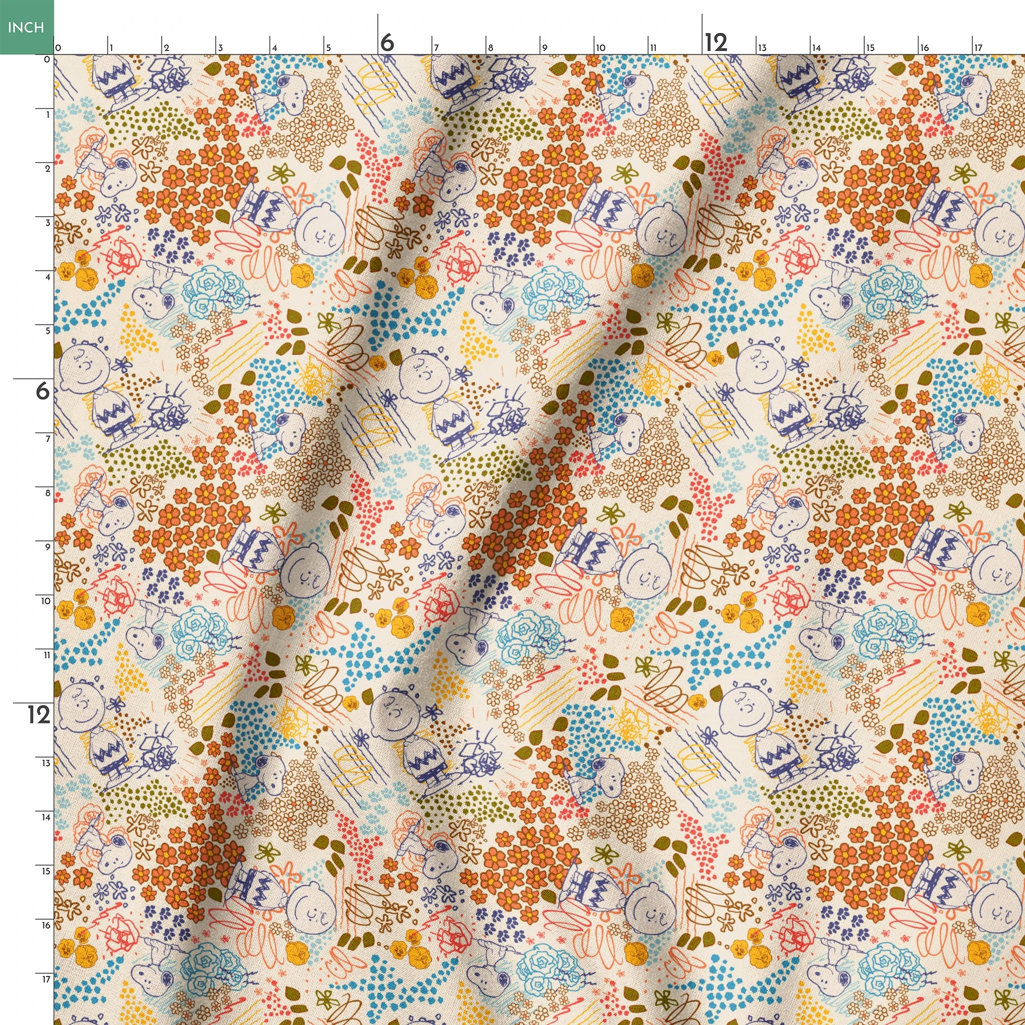 Colorful pattern with Peanuts characters sketches, floral designs, and dots in orange, blue, yellow, and green on a cream background springs ruler 18x18