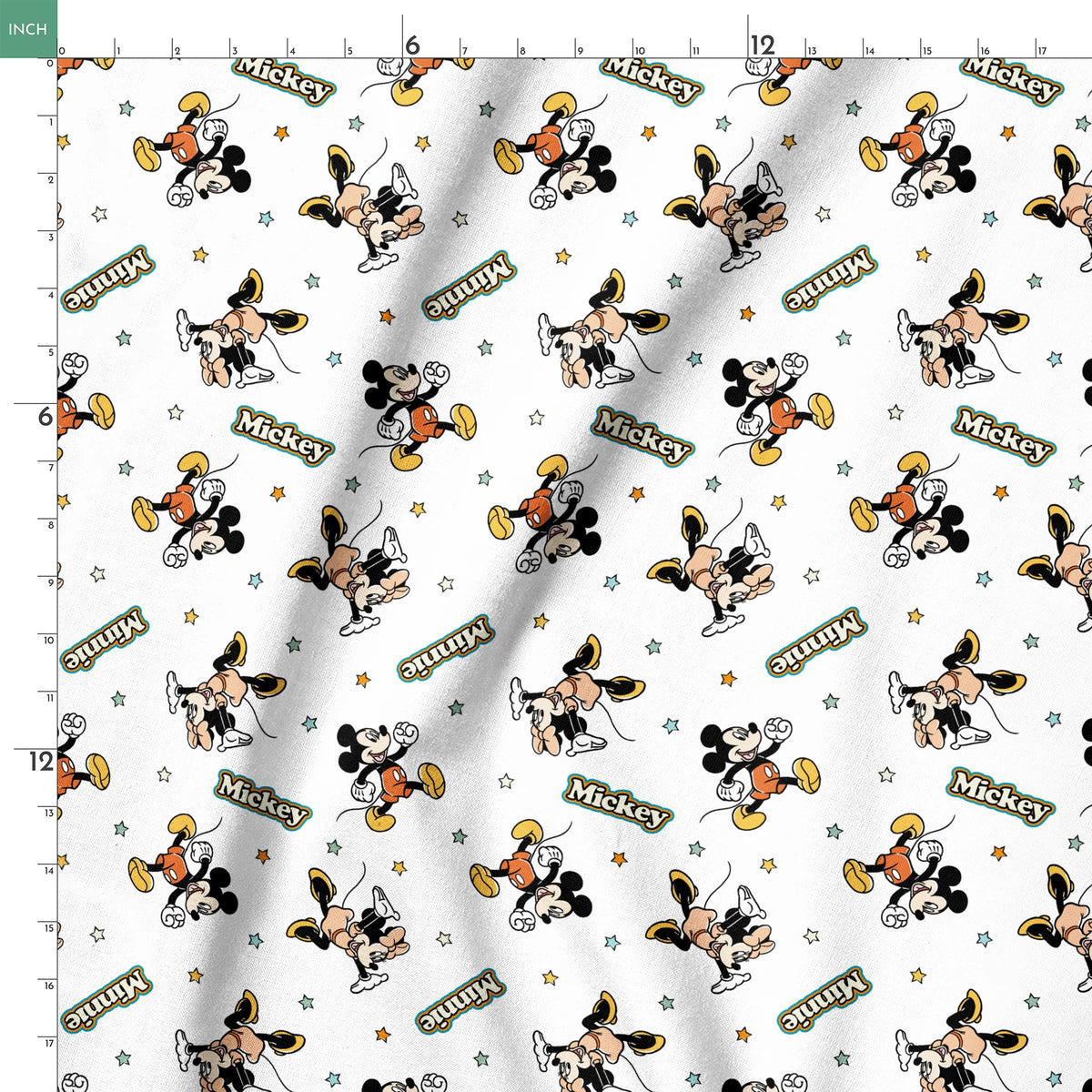 Pattern of cartoon Disney characters including Mickey Mouse and Minnie with yellow stars on white background springs ruler 18x18