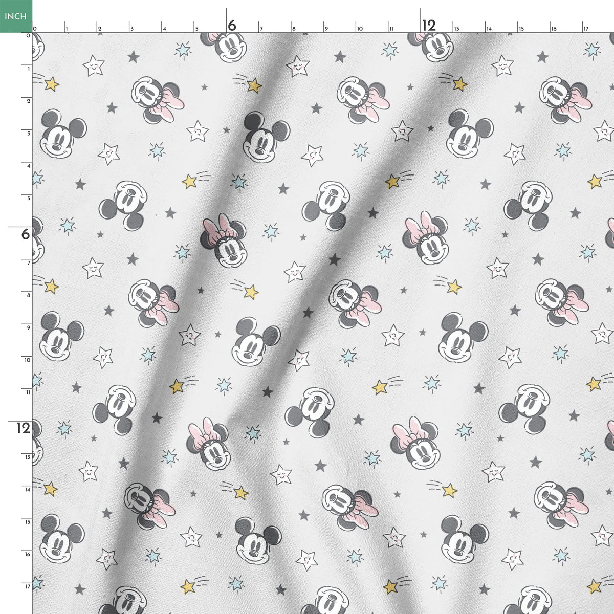 Mickey and Minnie Mouse pattern with stars on light gray background springs ruler 18x18
