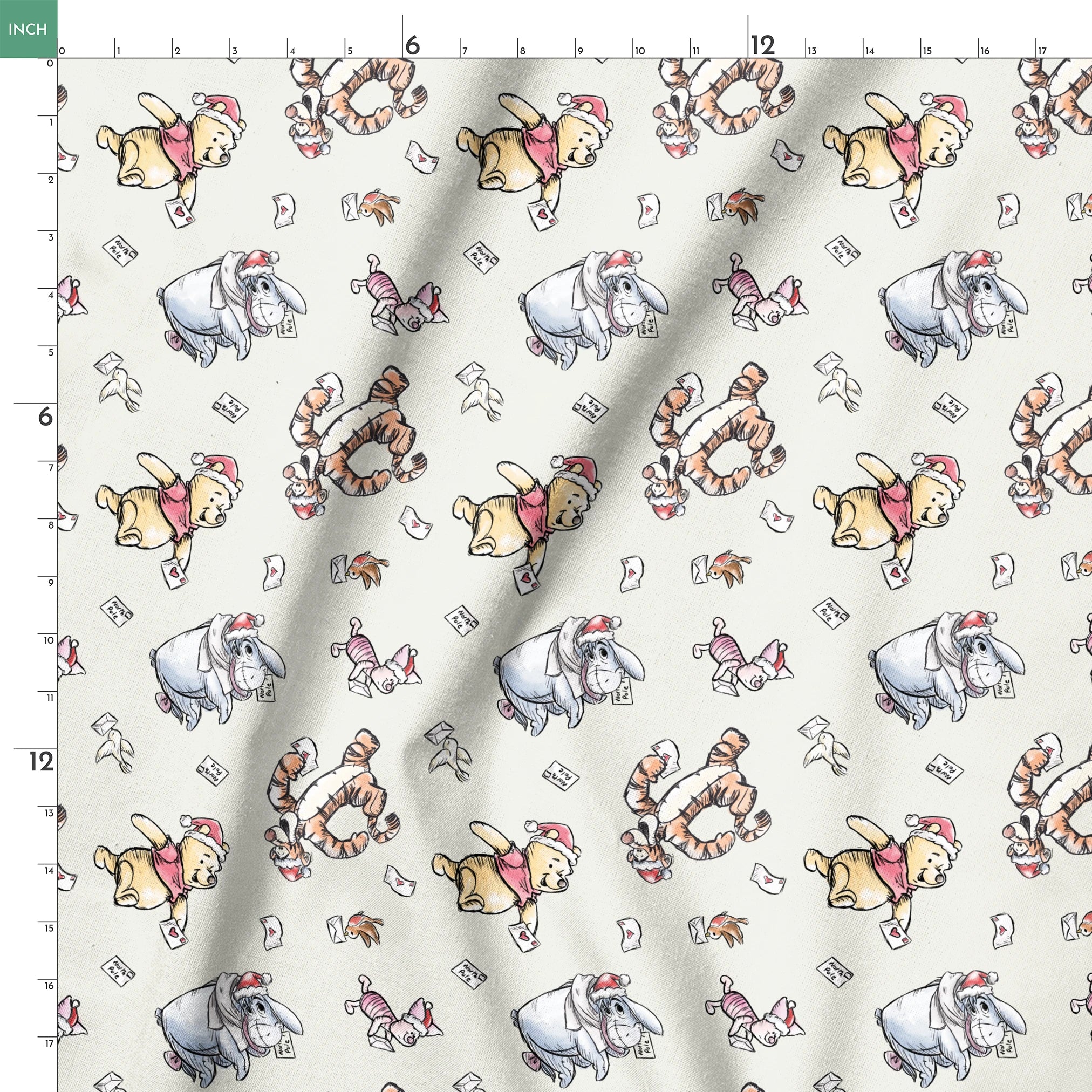 Whimsical cartoon characters in Santa hats on cream background with scattered letters springs ruler 18x18