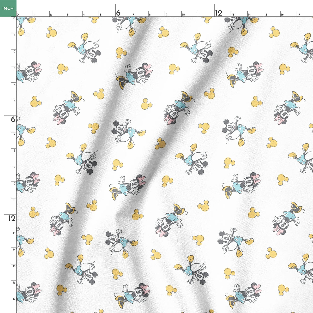 Mickey Mouse characters in light blue outfits scattered on white background with yellow Mickey silhouettes springs ruler 18x18