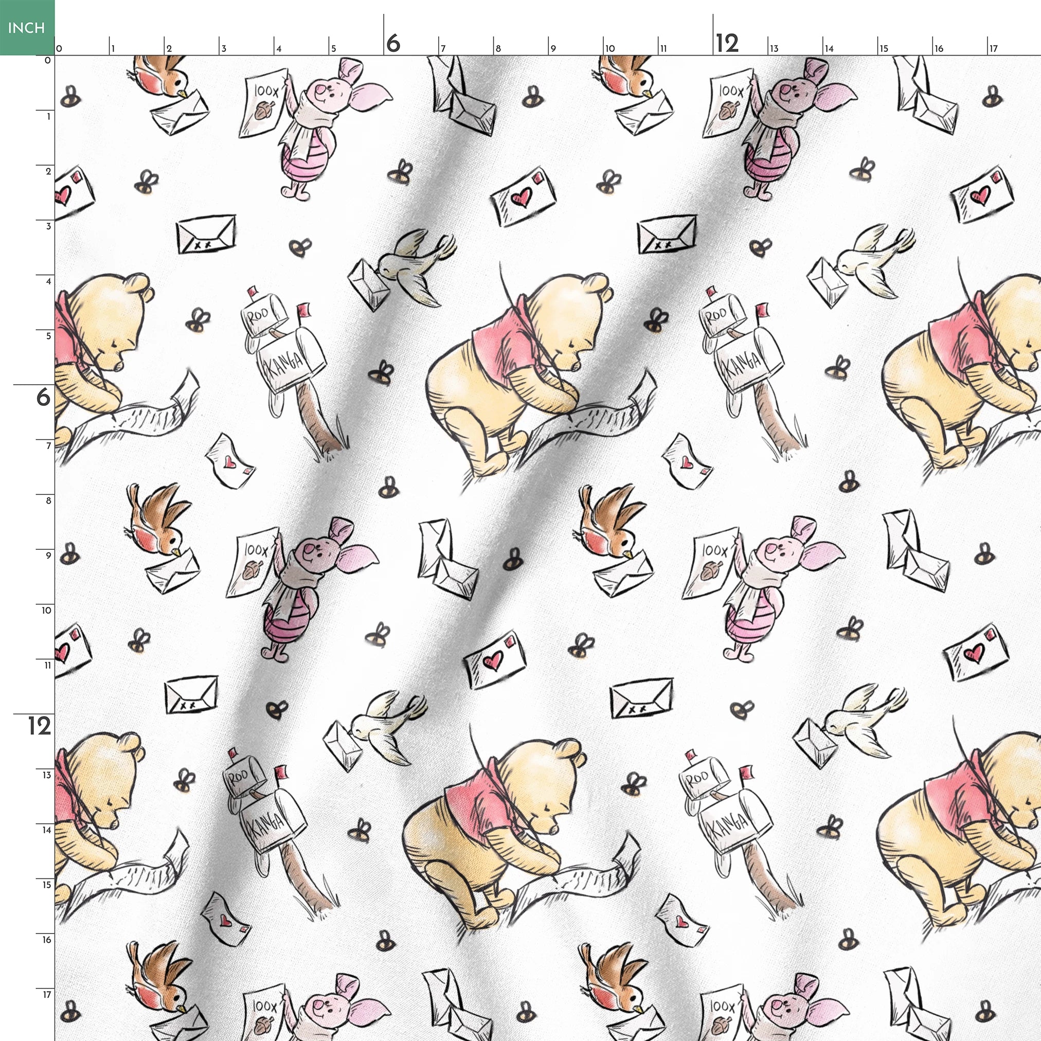 Winnie the Pooh characters with flying letters and envelopes on white background, whimsical illustration style springs ruler 18x18