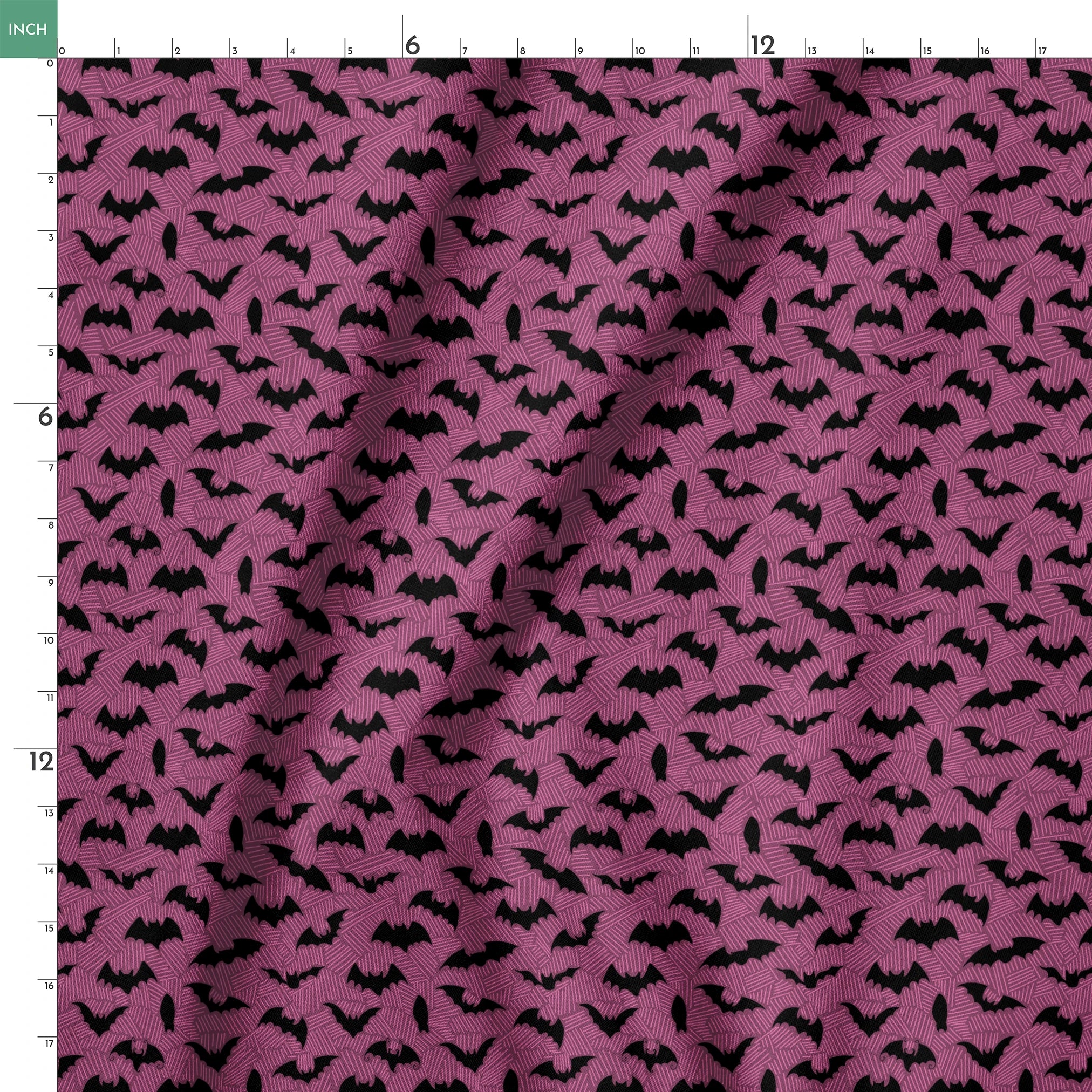 Black bat silhouettes scattered across a purple background with swirling line pattern springs ruler 18x18
