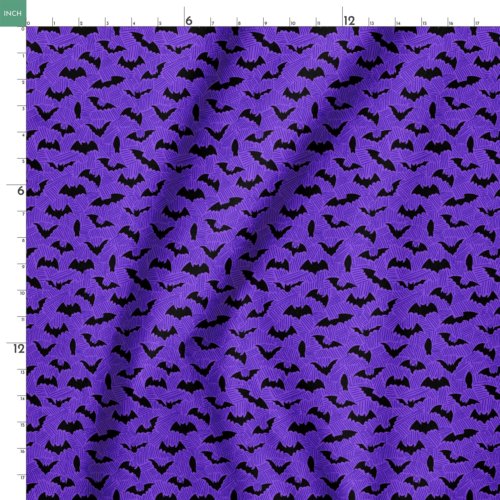 Black bat silhouettes scattered over purple zigzag background, Halloween-themed pattern springs ruler 18x18