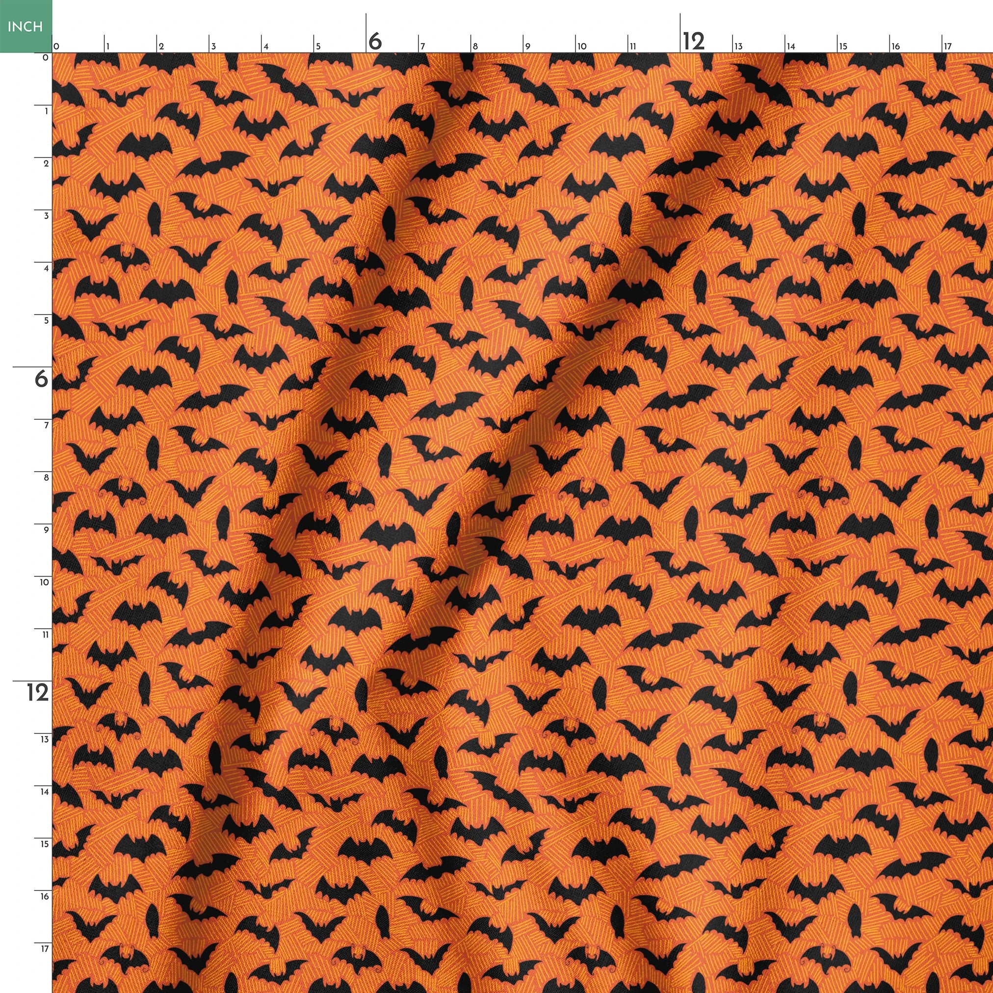 Halloween pattern with black bats scattered across an orange textured background springs ruler 18x18