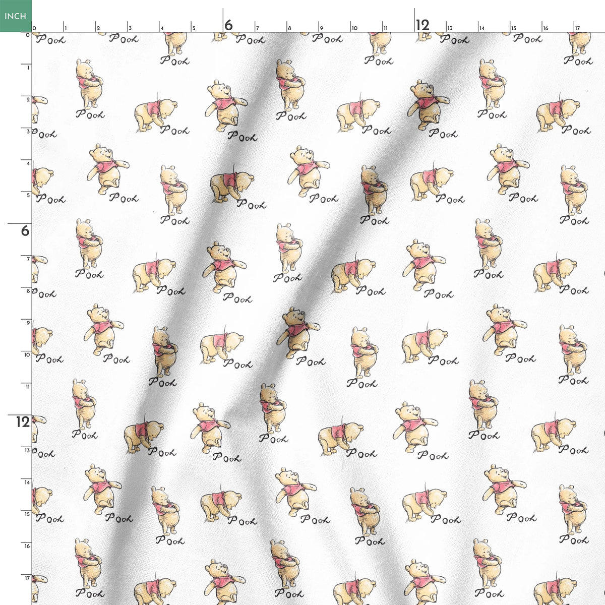 Winnie the Pooh pattern featuring cute yellow bears with red shirts in various poses, labeled "Pooh springs ruler 18x18
