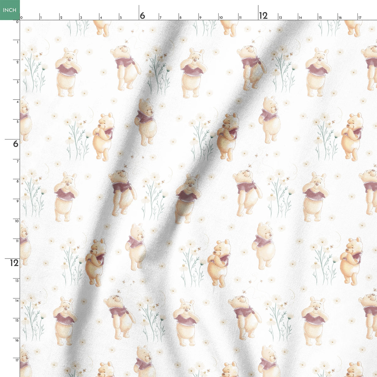 Winnie the Pooh pattern with cartoon bear in red shirt amid delicate white flowers springs ruler 18x18