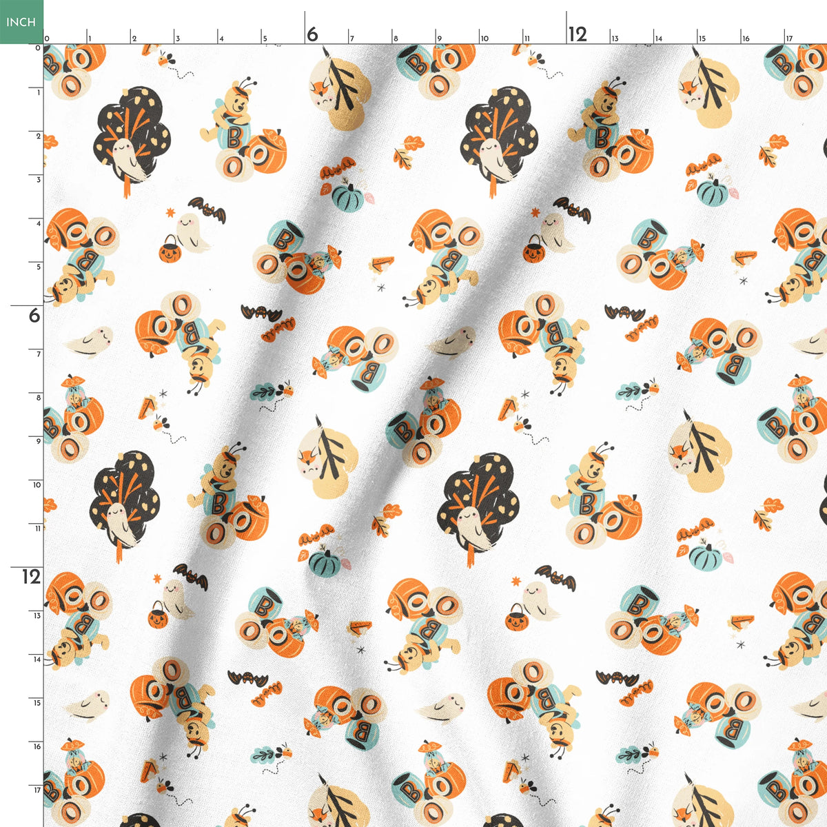 Halloween-themed pattern with Winnie the Pooh characters, pumpkins, and autumn motifs in orange, teal and black on white background. springs ruler 18x18