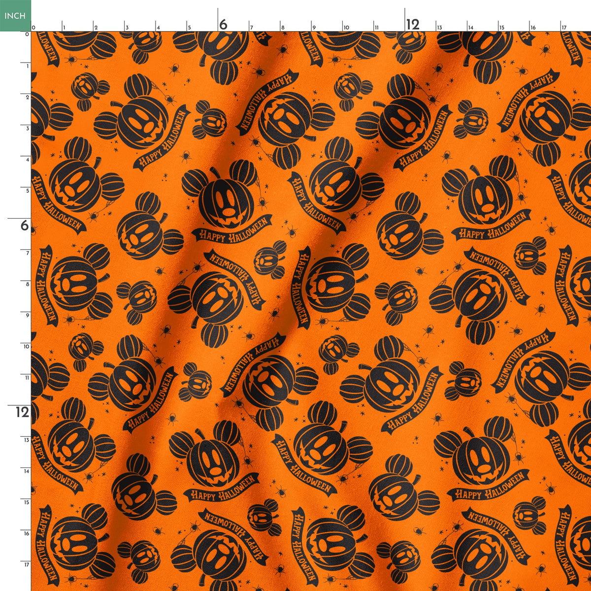 Halloween pattern with Disney-inspired jack-o'-lantern pumpkins and "Happy Halloween" text on bright orange background springs ruler 18x18