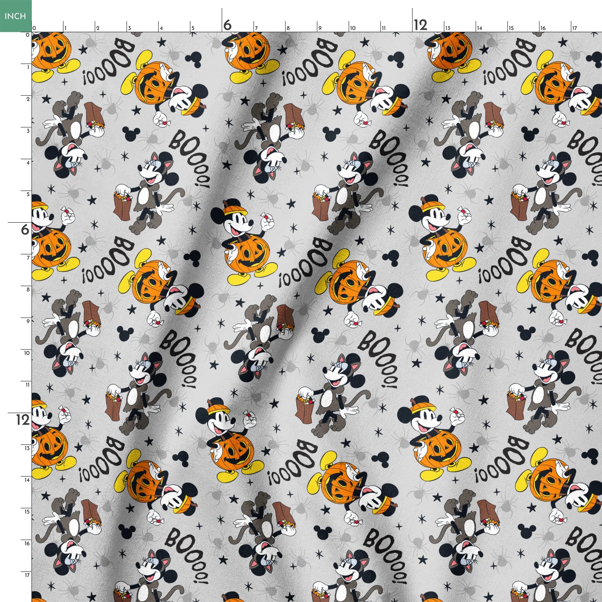 Mickey Mouse Halloween pattern with pumpkins, spiders, bats, "BOO!" text on gray background springs ruler 18x18