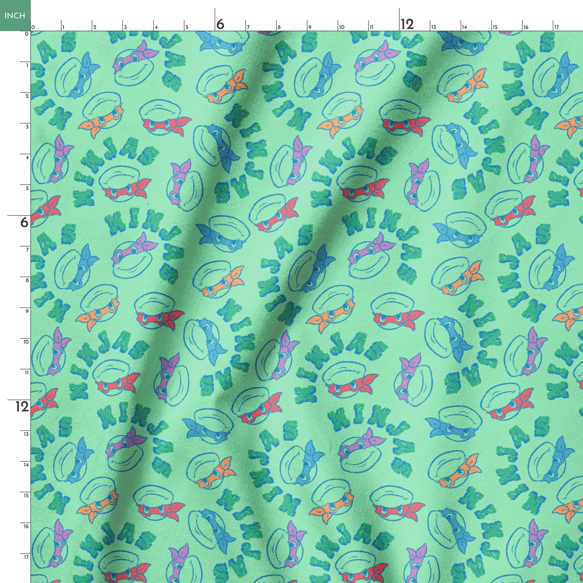 Pattern of Teenage Mutant Ninja Turtles with colored masks in blue, red, and purple on mint green background springs ruler 18x18