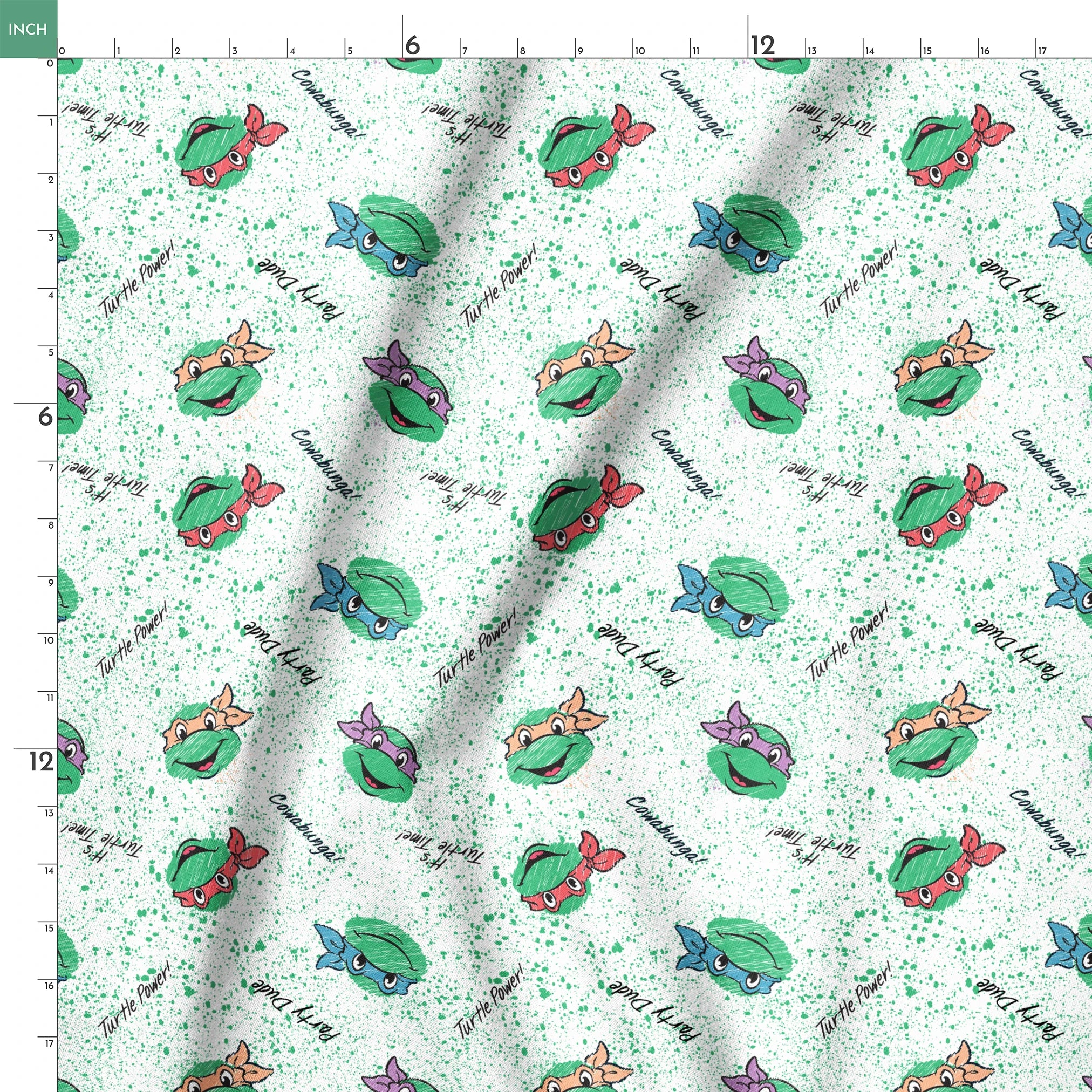 Pattern of Teenage Mutant Ninja Turtles with colorful masks on speckled green background with phrases like "Turtle Power! springs ruler 18x18