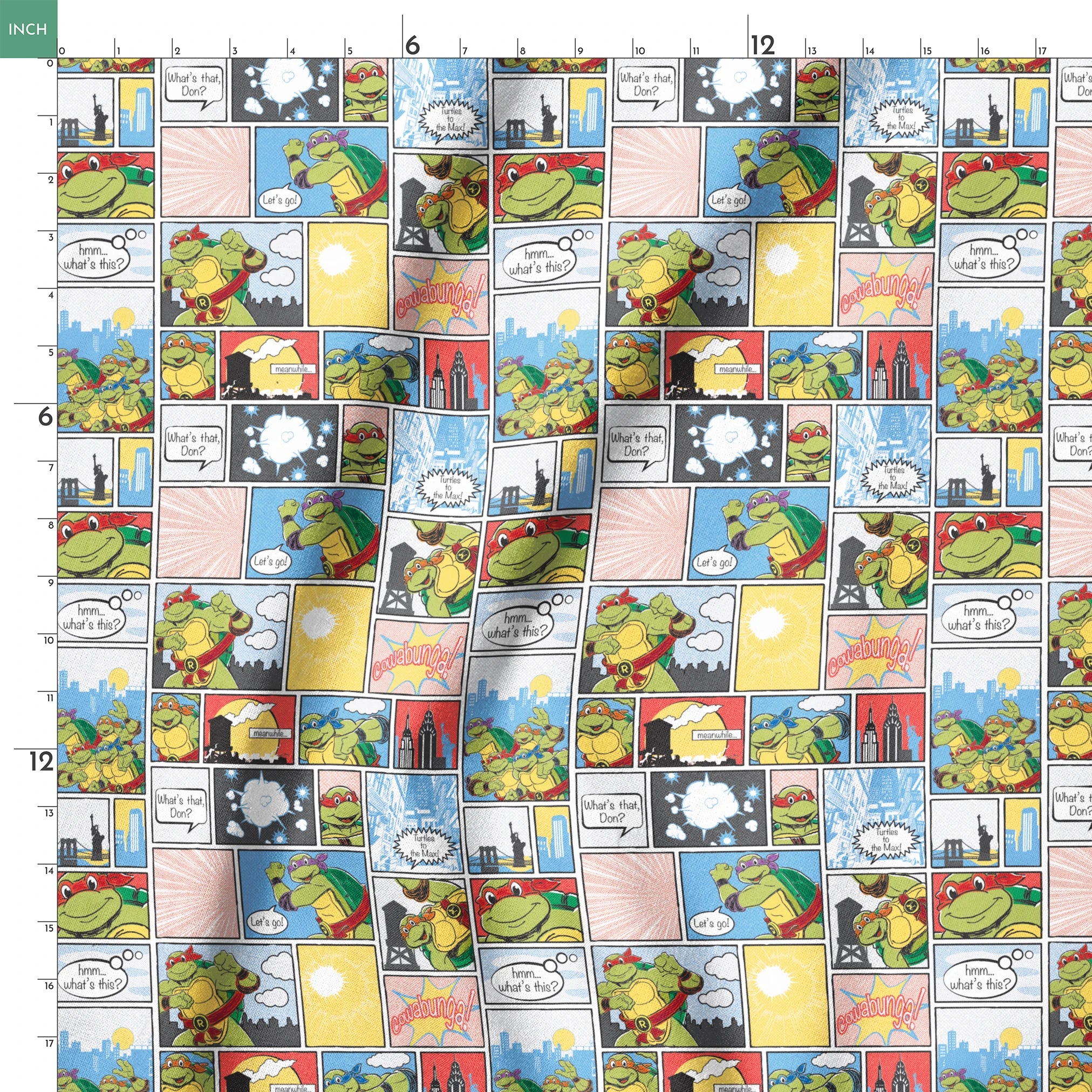 Comic-style grid featuring Teenage Mutant Ninja Turtles with speech bubbles, action scenes, and colorful panels springs ruler 18x18
