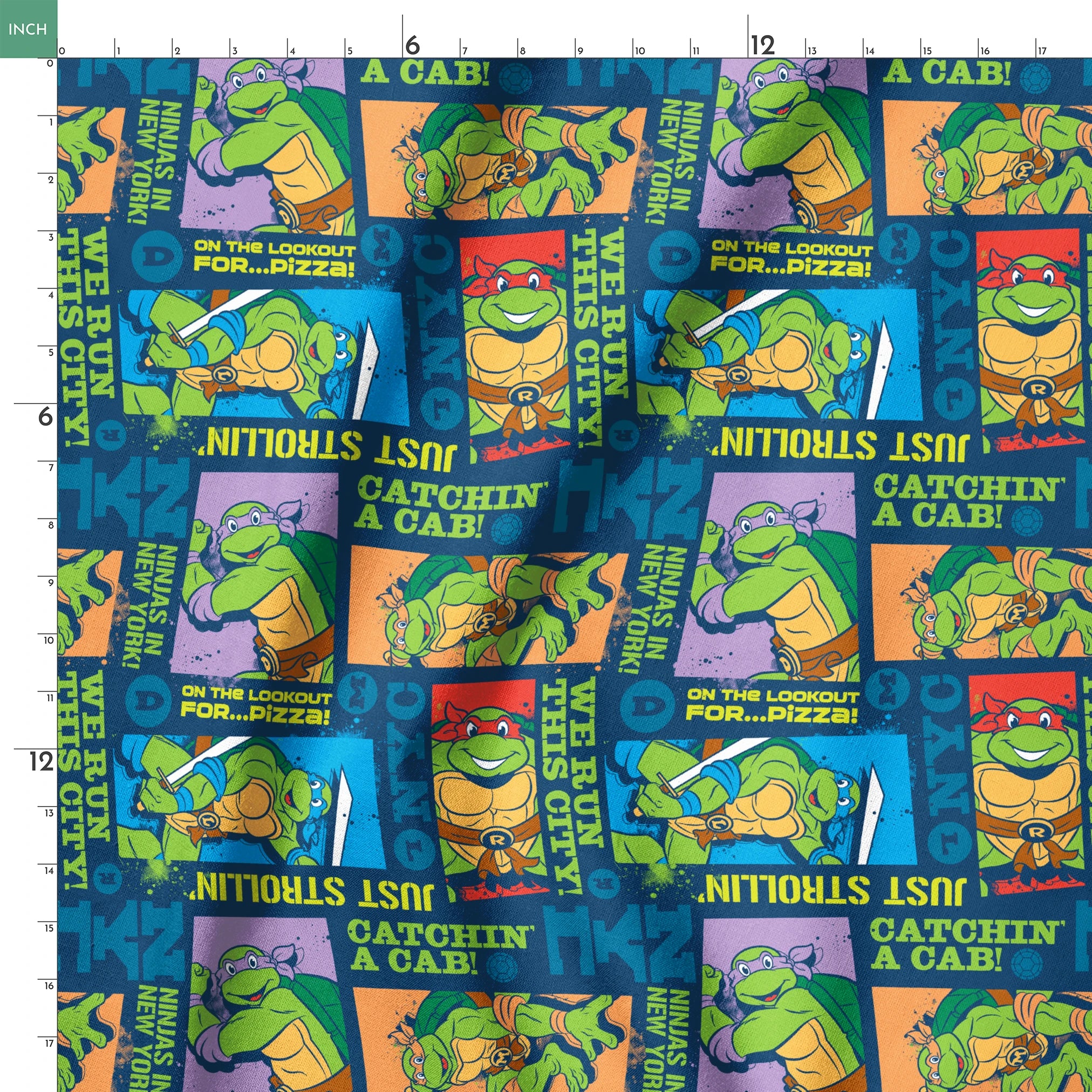 Teenage Mutant Ninja Turtles comic-style panels with characters in action poses and phrases like "Catchin' a Cab!" and "On the Lookout for Pizza! springs ruler 18x18
