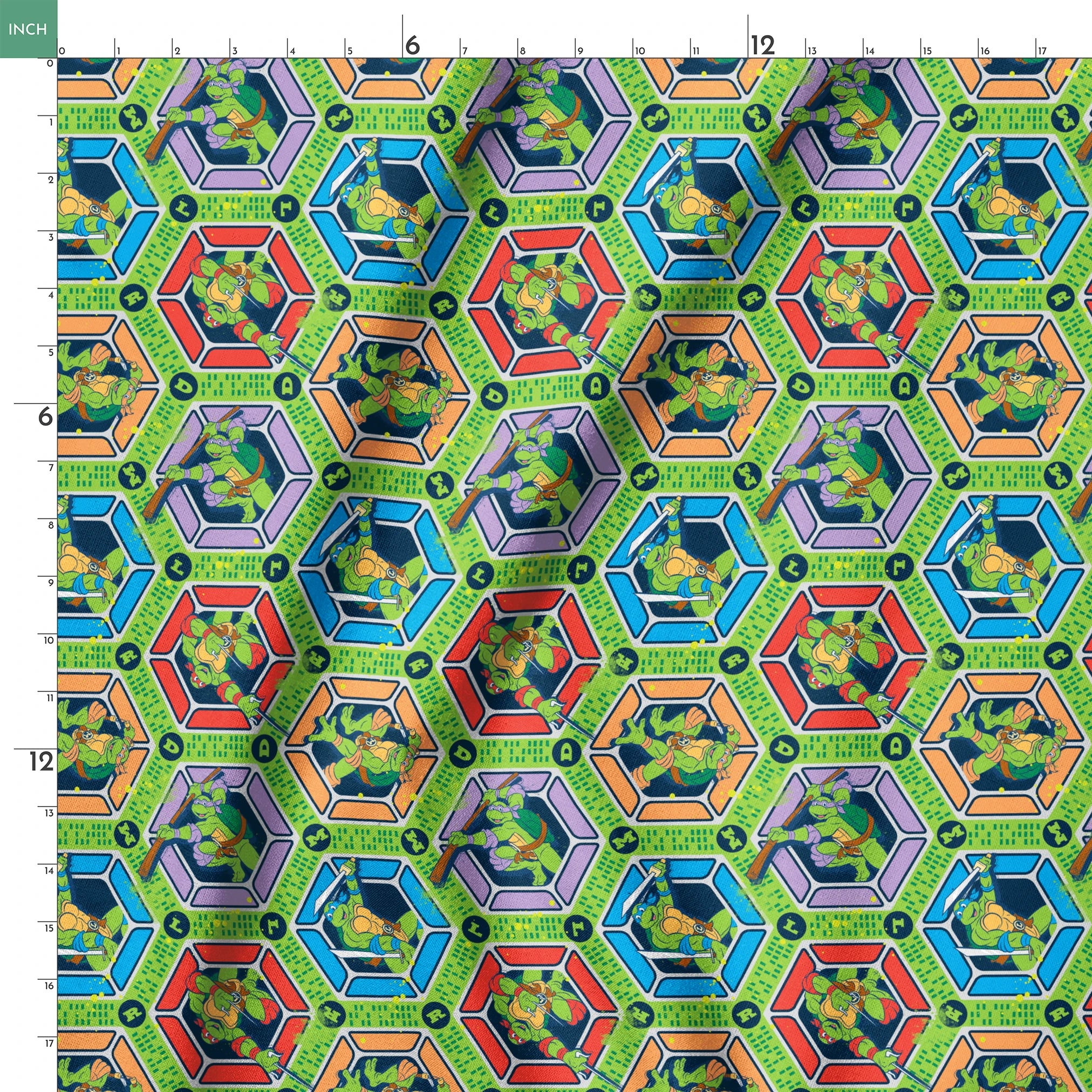 Colorful hexagonal pattern featuring the Teenage Mutant Ninja Turtles in action poses on green backgrounds with digital text elements springs ruler 18x18