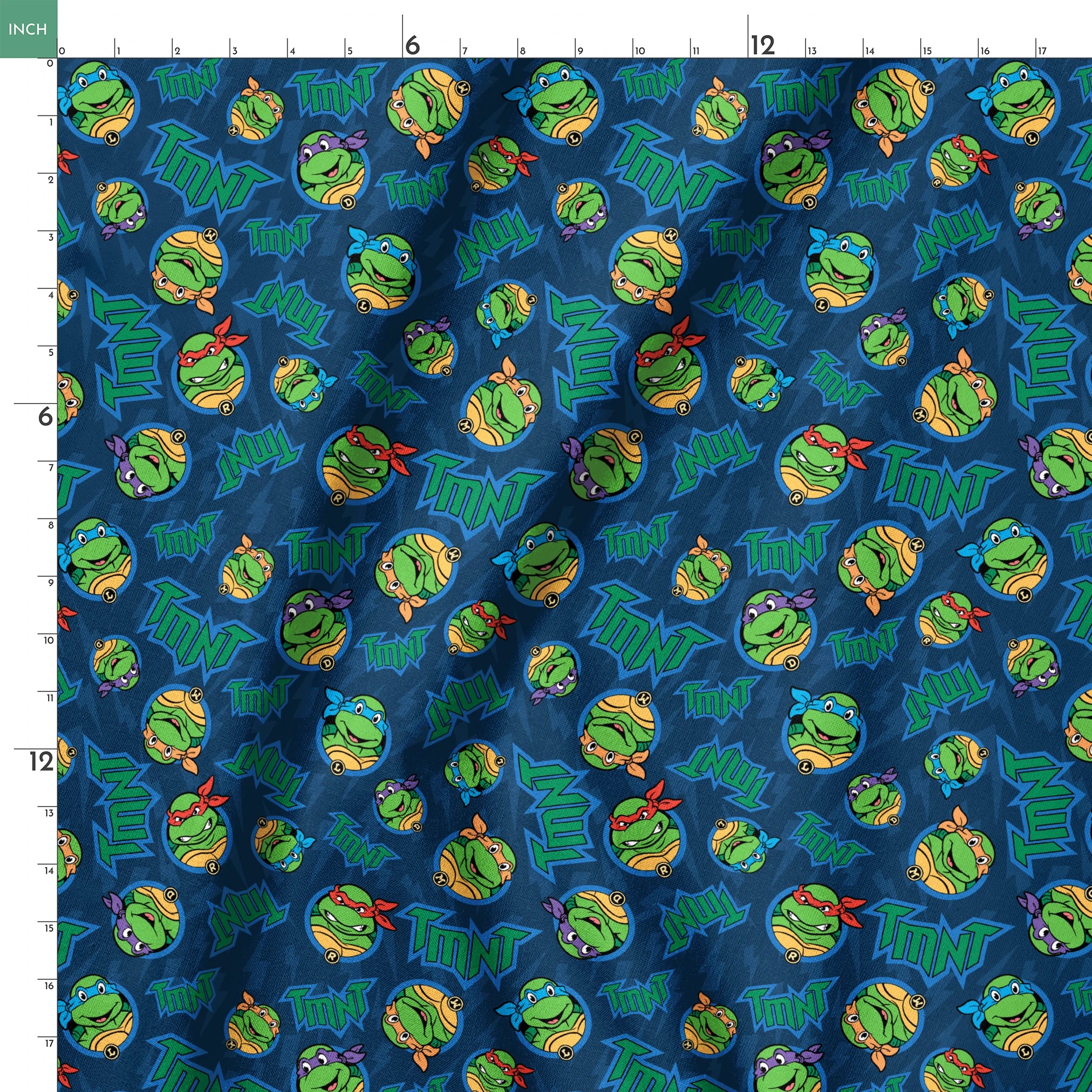 Teenage Mutant Ninja Turtles pattern with character heads and TMNT logos on blue background springs ruler 18x18