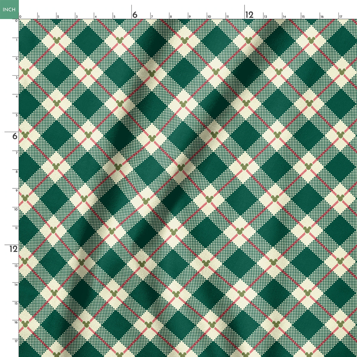 Diagonal green and cream plaid pattern with small Mickey Mouse silhouettes at intersections of red stripes springs ruler 18x18