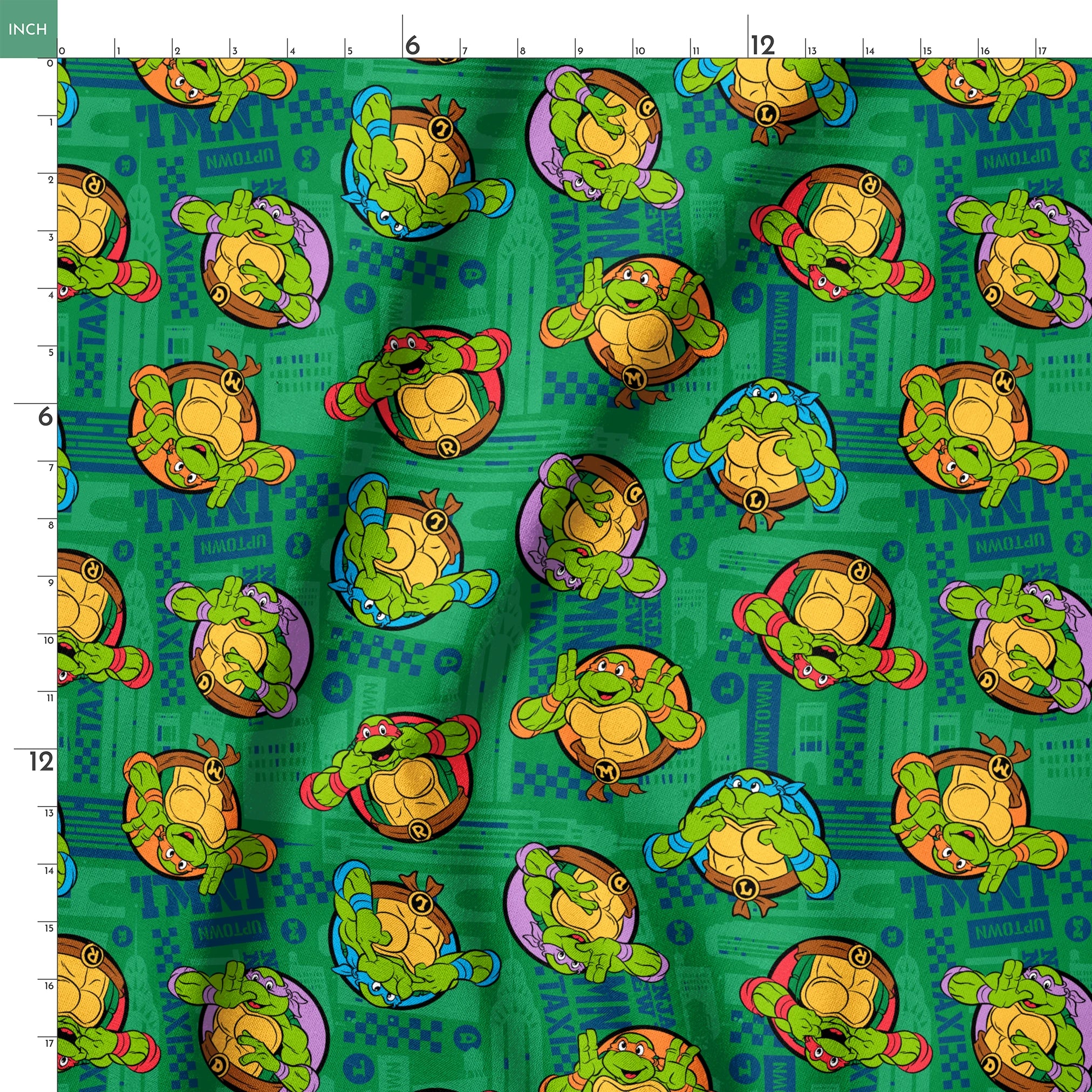 Teenage Mutant Ninja Turtles cartoon characters on green patterned background springs ruler 18x18