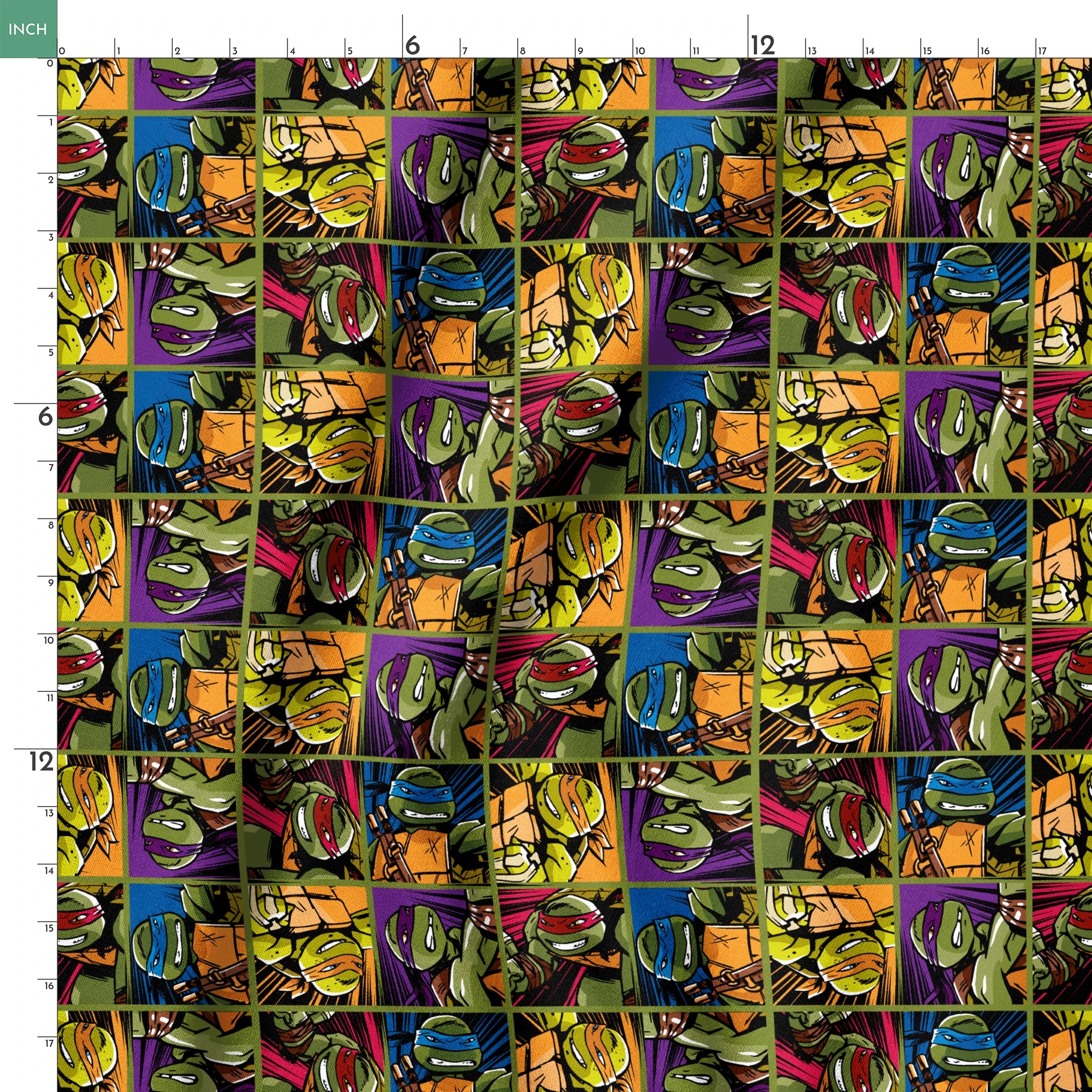 Colorful grid pattern of Teenage Mutant Ninja Turtles characters with various expressions and colored masks springs ruler 18x18