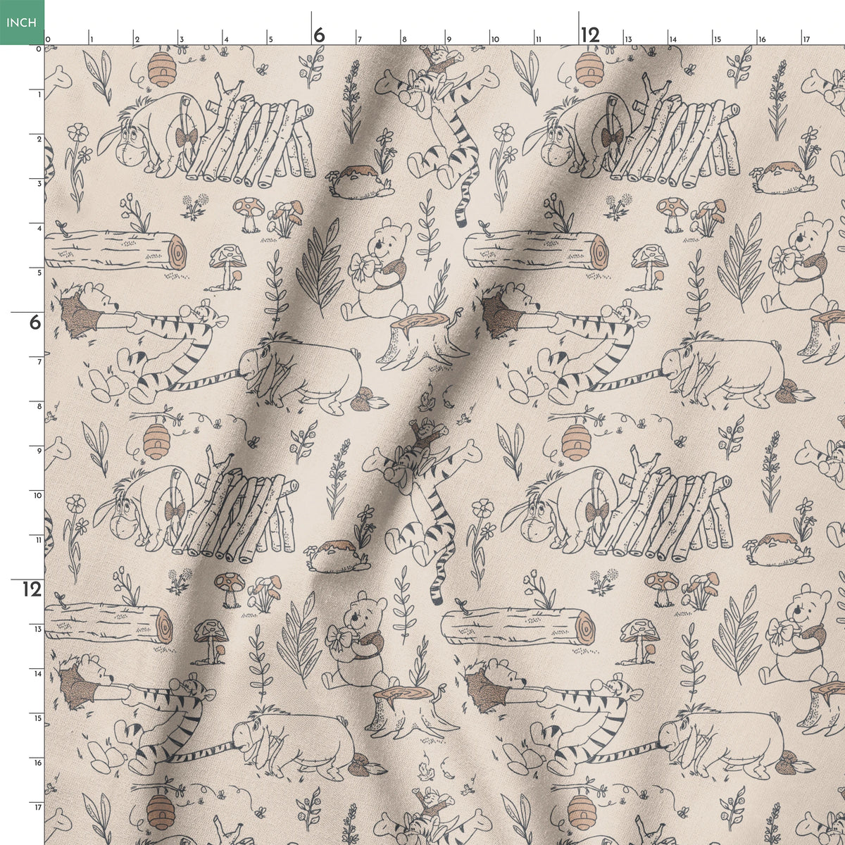 Whimsical illustrated pattern of woodland animals, logs, and plants in black line art on beige background springs ruler 18x18