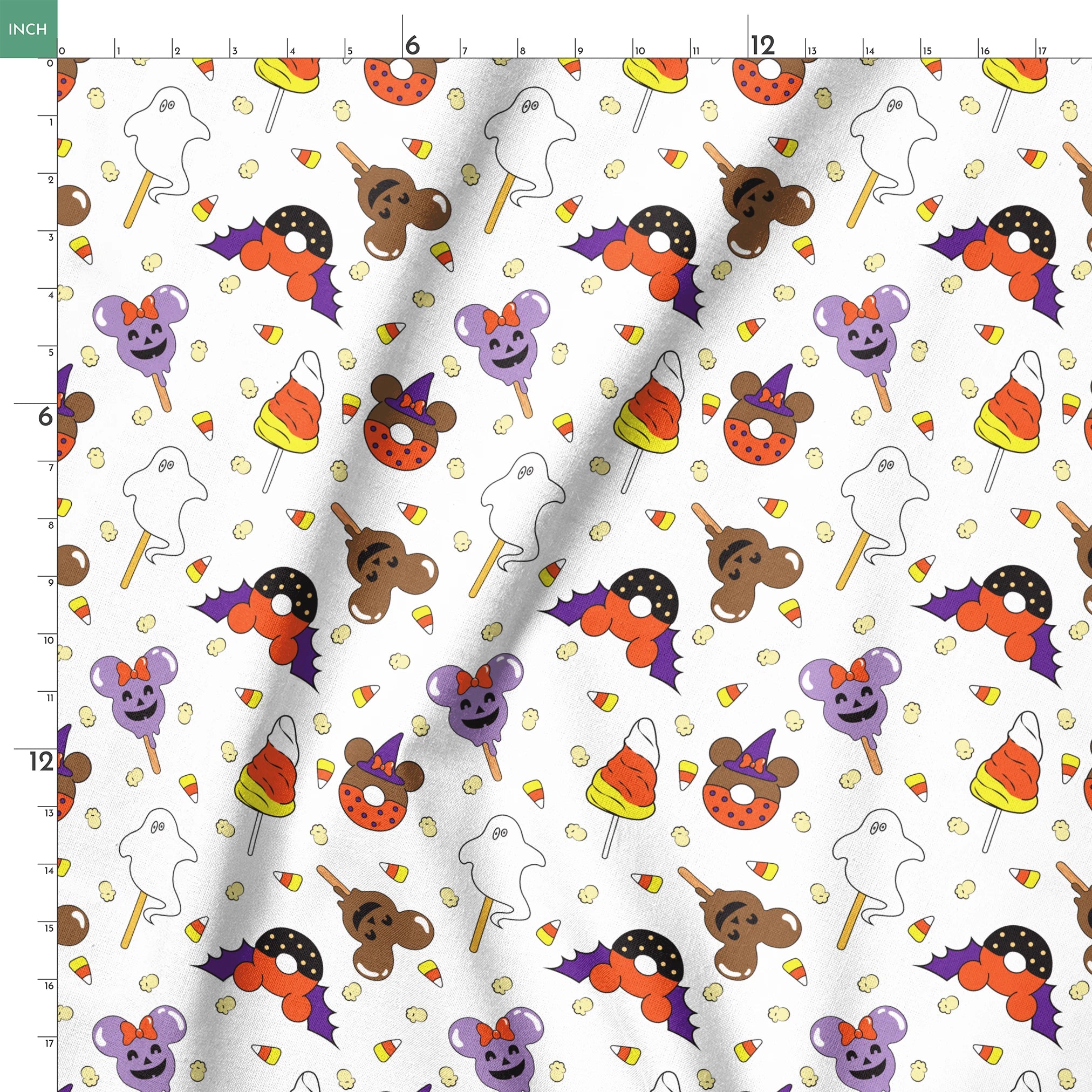 Disney Halloween themed pattern with candy lollipops, ghost, bats, and candy corn springs ruler 18x18