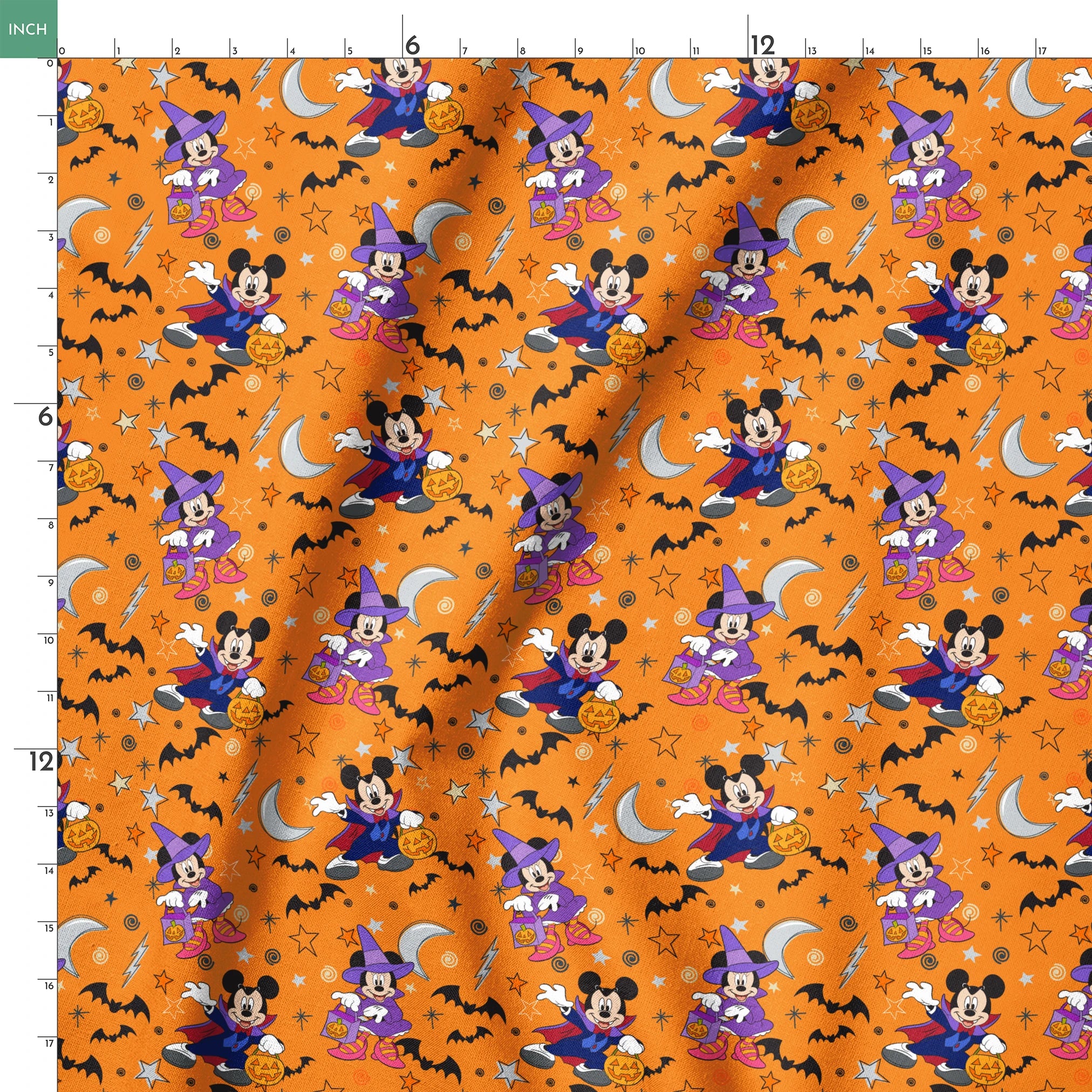 Halloween-themed cartoon pattern with Disney characters in costumes, bats, stars, moons, and ghosts on orange background. springs ruler 18x18