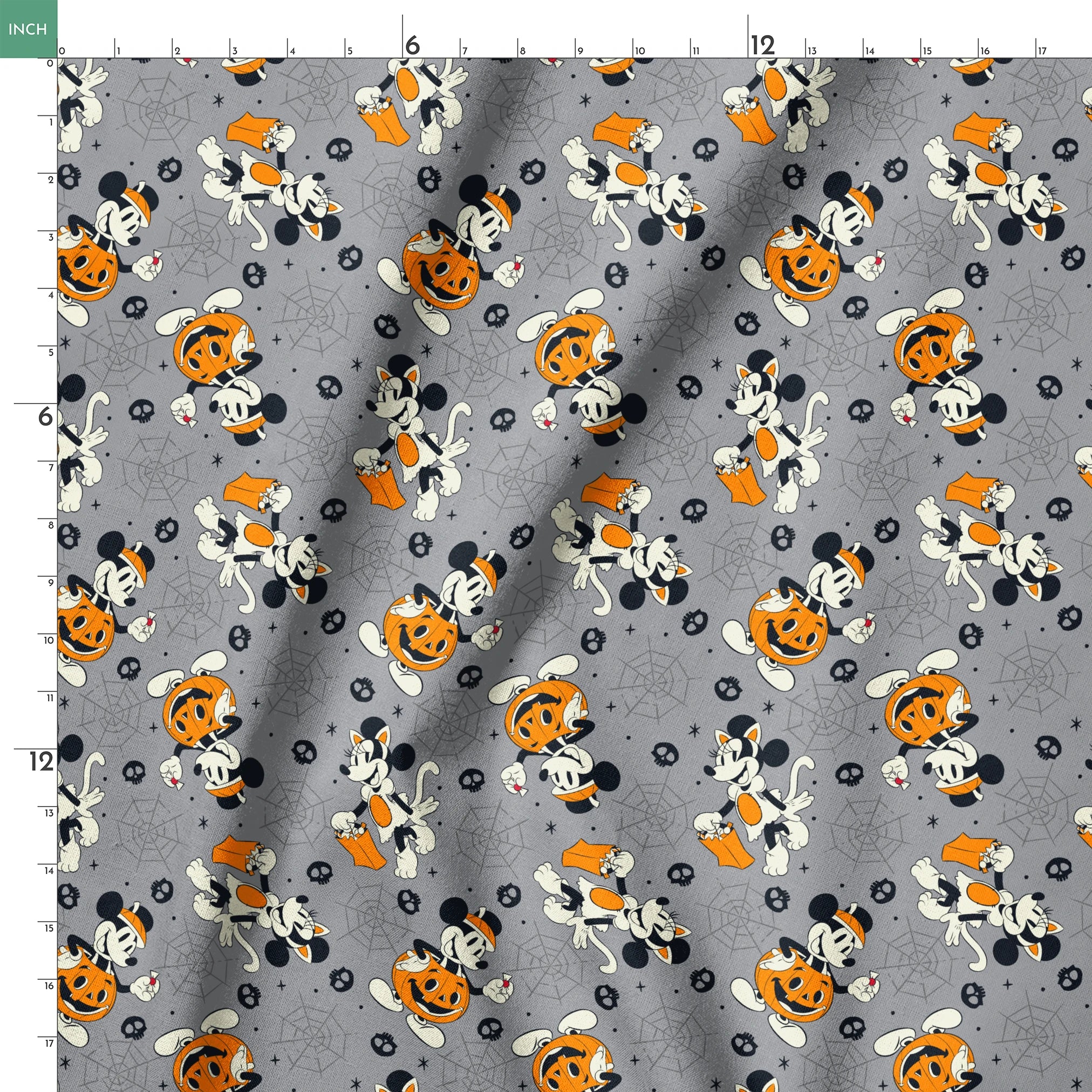 Cartoon dog characters in Halloween costumes with pumpkins on gray background with spider webs and skulls springs ruler 18x18