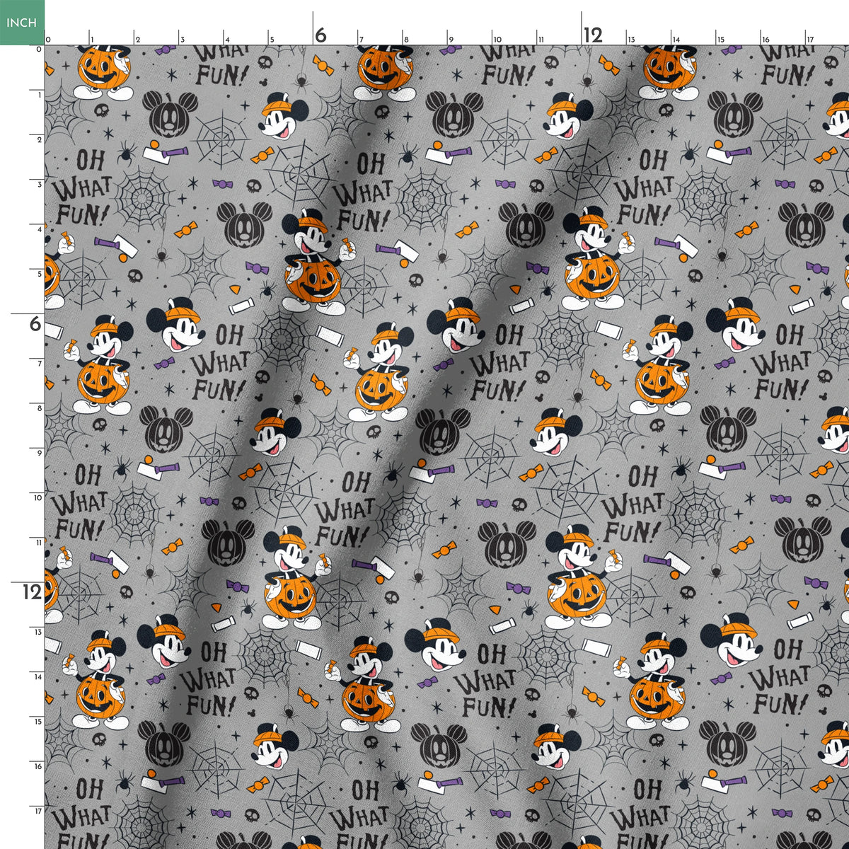 Halloween pattern with Mickey Mouse characters, pumpkins, spider webs, and "Oh What Fun!" text on gray background springs ruler 18x18