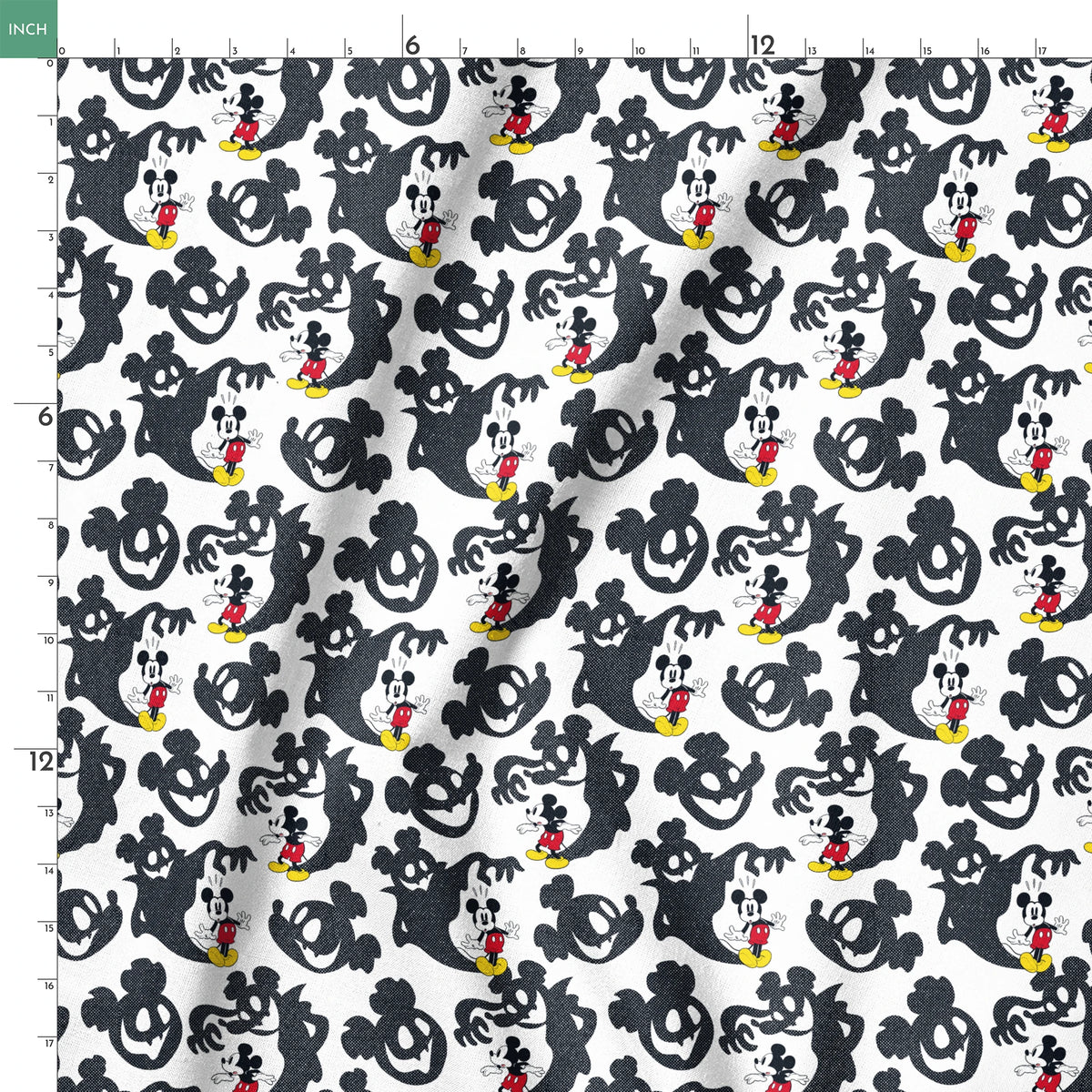 Mickey Mouse pattern with black ghost silhouettes on white background springs ruler 18x18