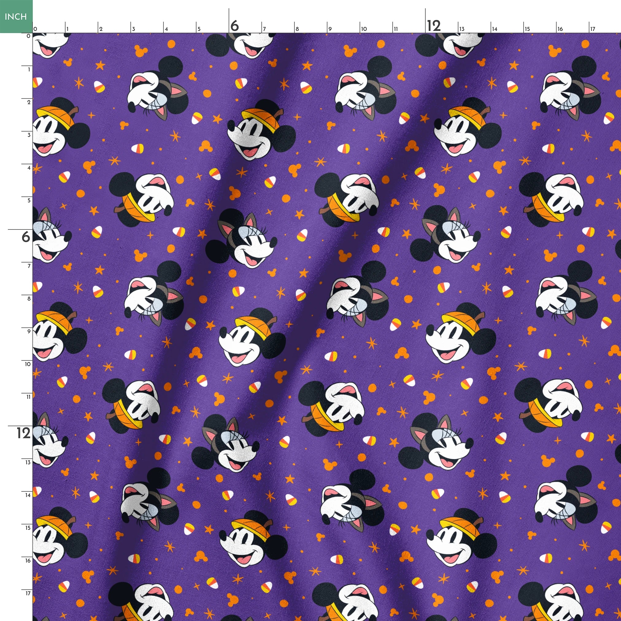 Mickey Mouse Halloween pattern with candy corn and stars on purple background springs ruler 18x18